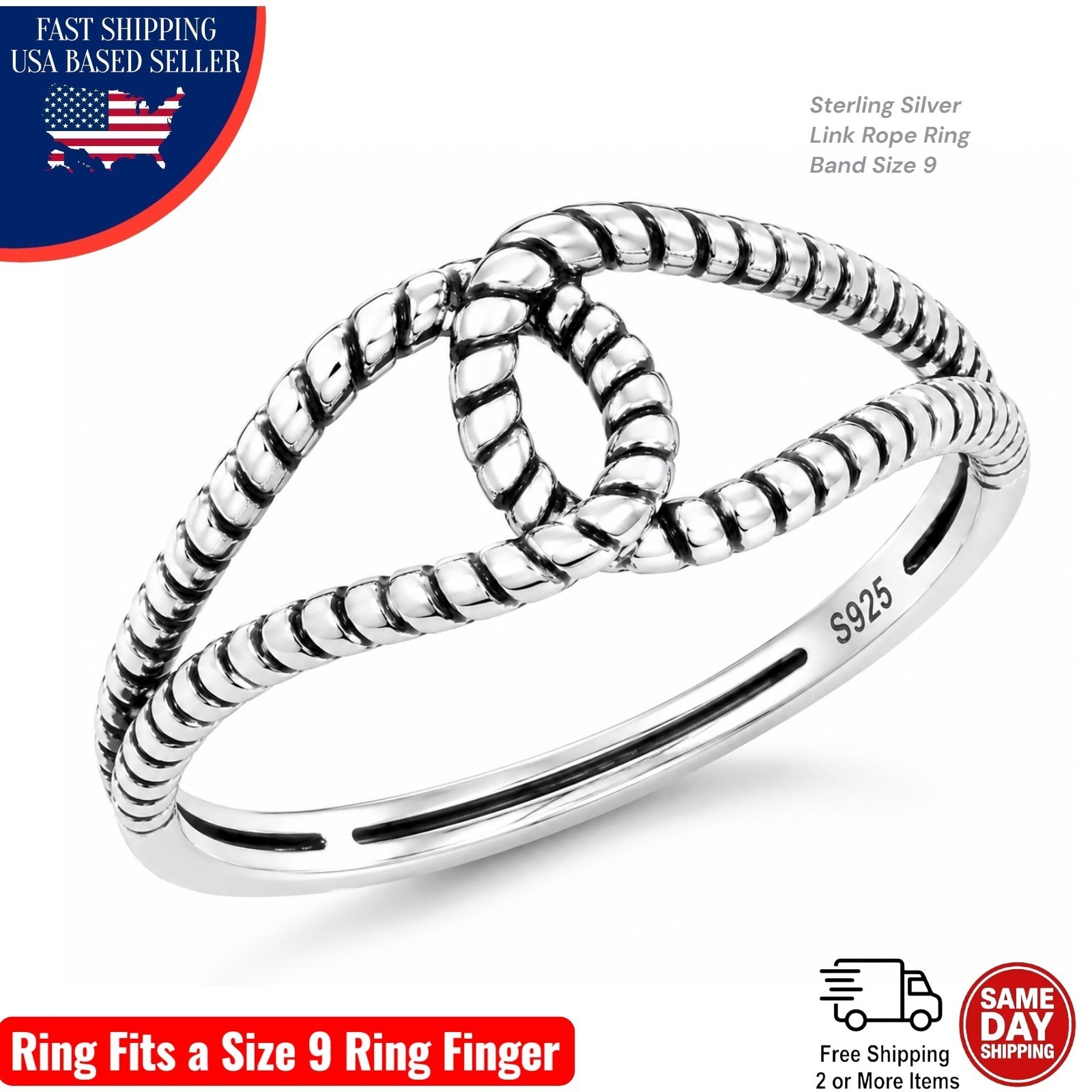 925 Sterling Silver Link Knot Rope Ring Band Sz 9 Celtic Twist Love Promise Gift