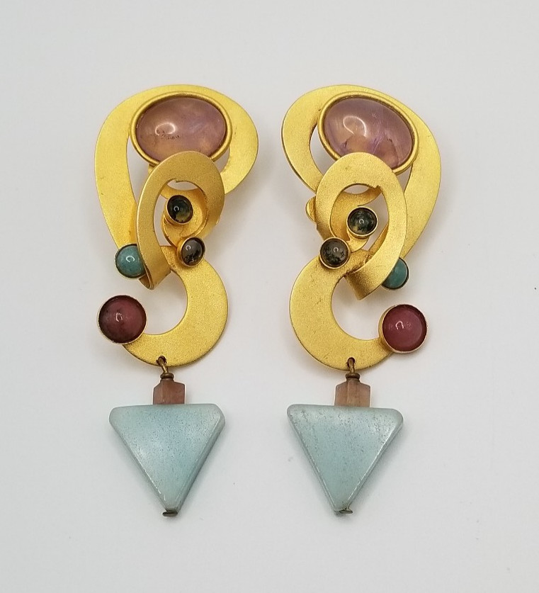 Vintage Gale Rothstein Semi-Precious Stones Gold Plated Dangle Pieced Earrings