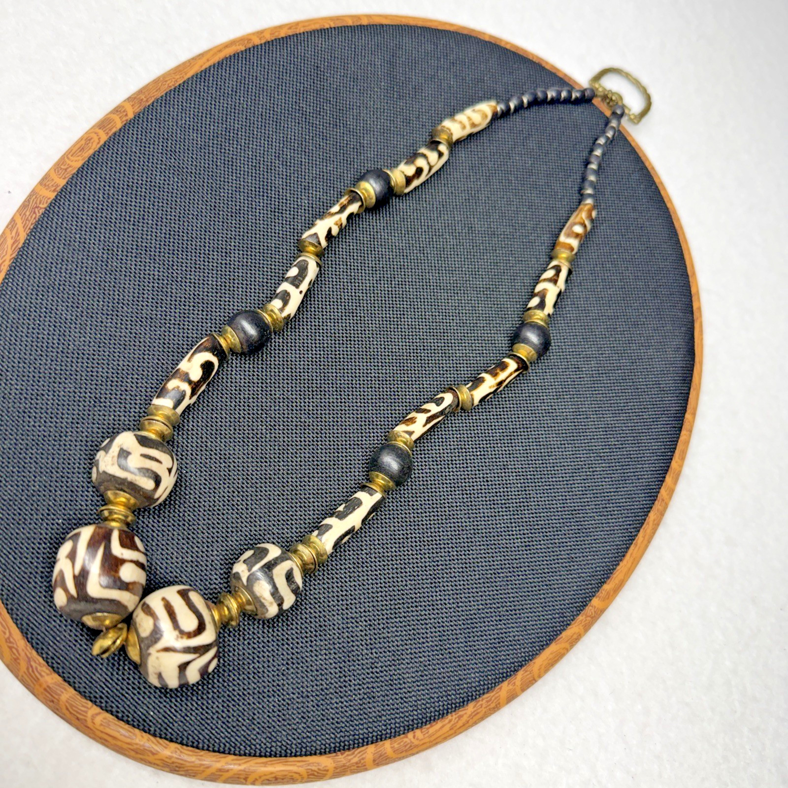 Tribal Wood Beaded Statement Necklace Black Cream Brown Boho Artisan Vintage