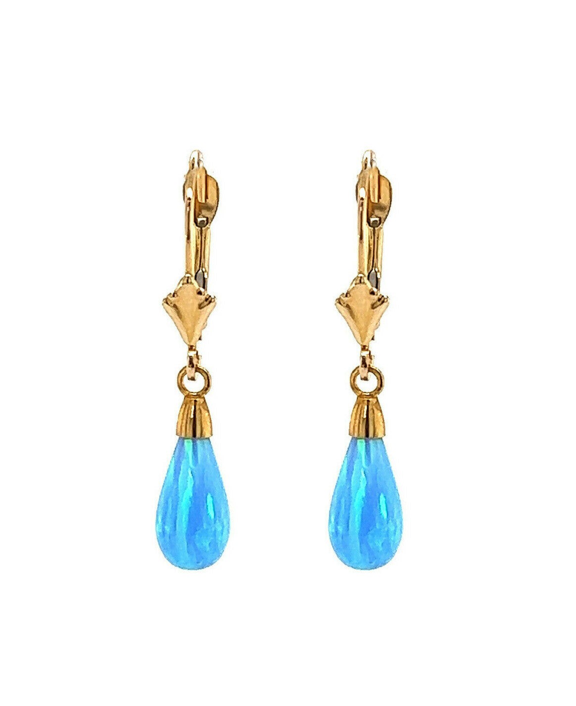 14k-Yellow and White Gold Dangle Light Blue Opal Leverback Earrings