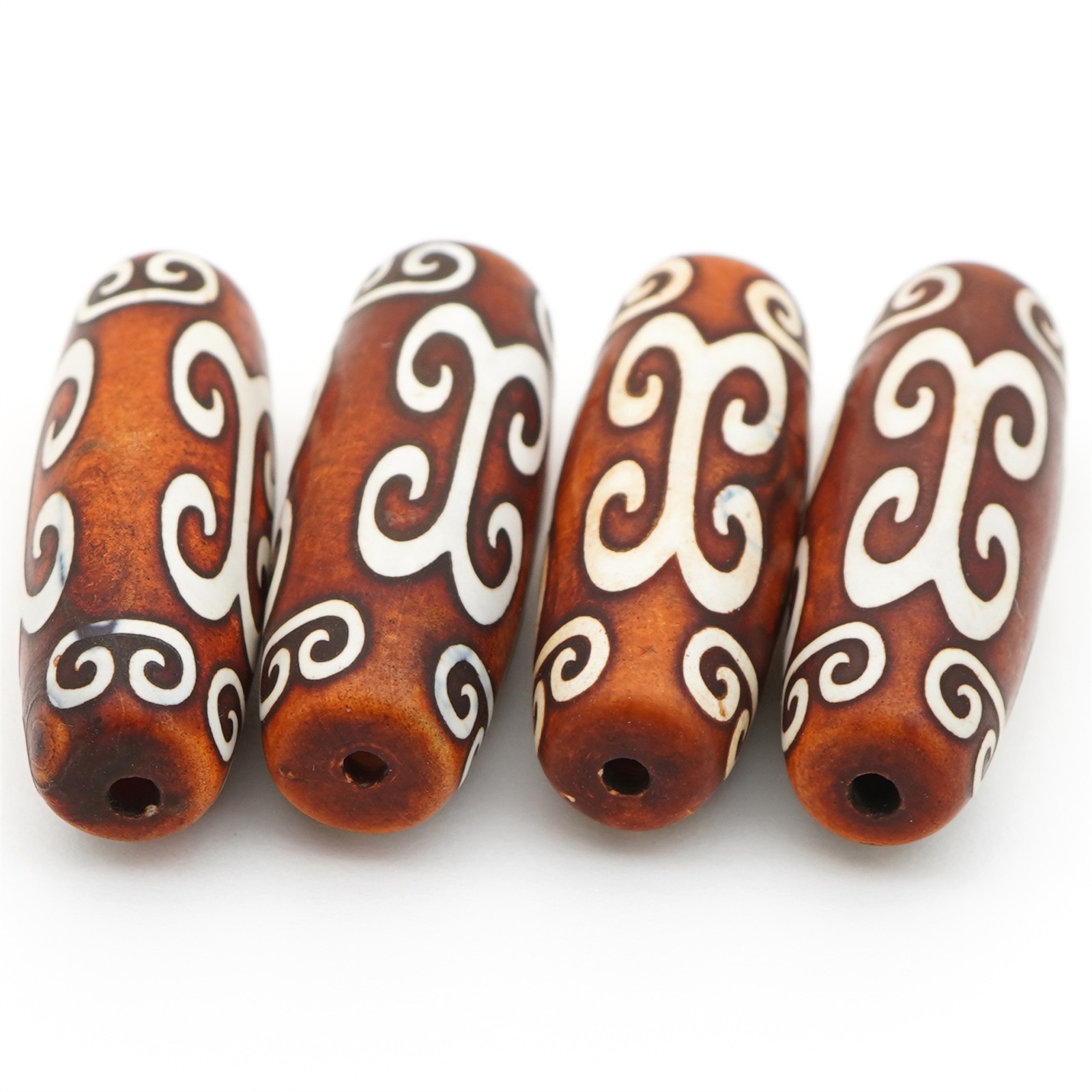4 long oval Tibetan agate beads white spiral designs brown stone avg 30mm 29mm