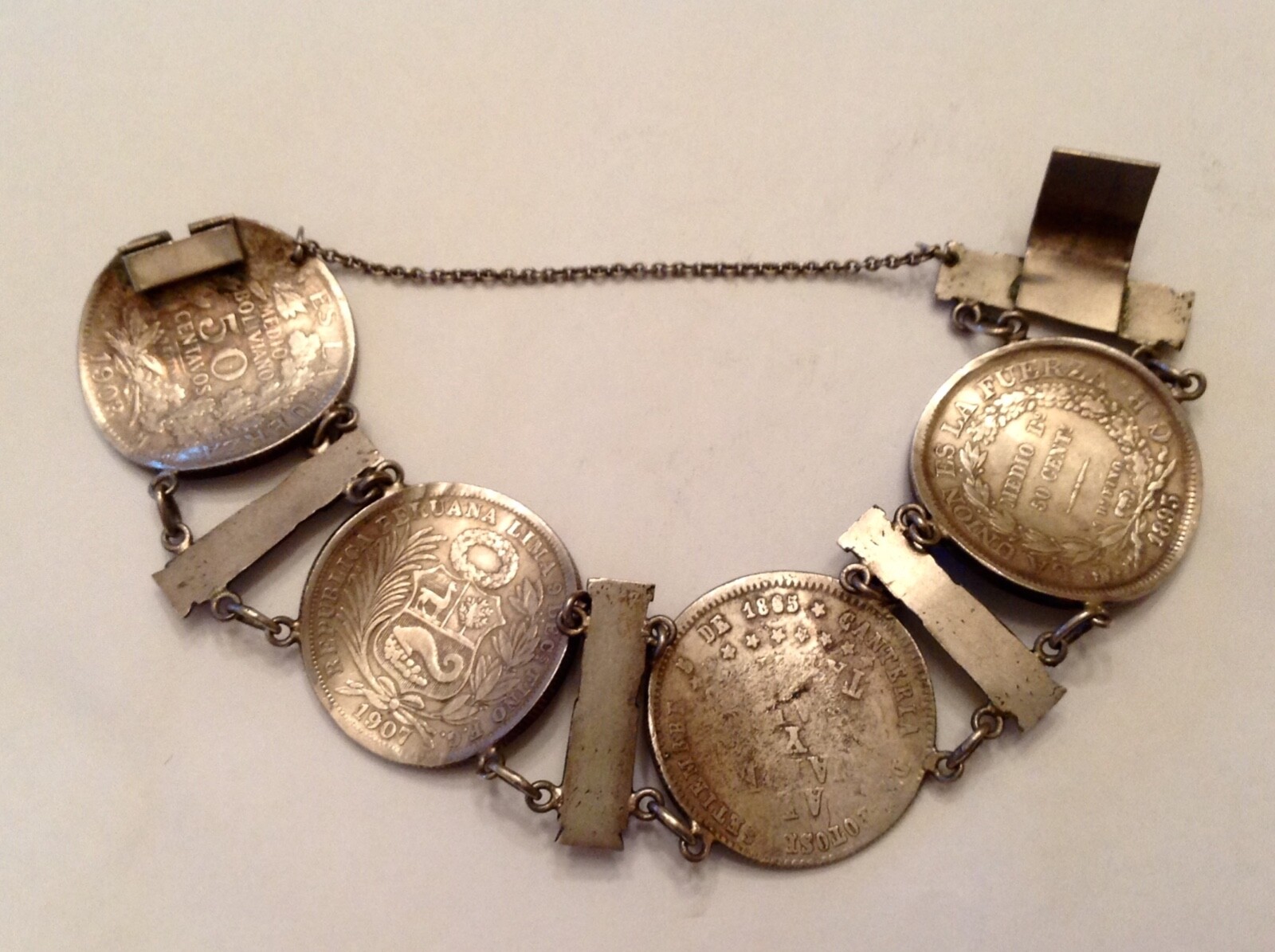 ~Antique Sterling Silver Bracelet – Coins of Bolivia & Peru 1865 – 1907