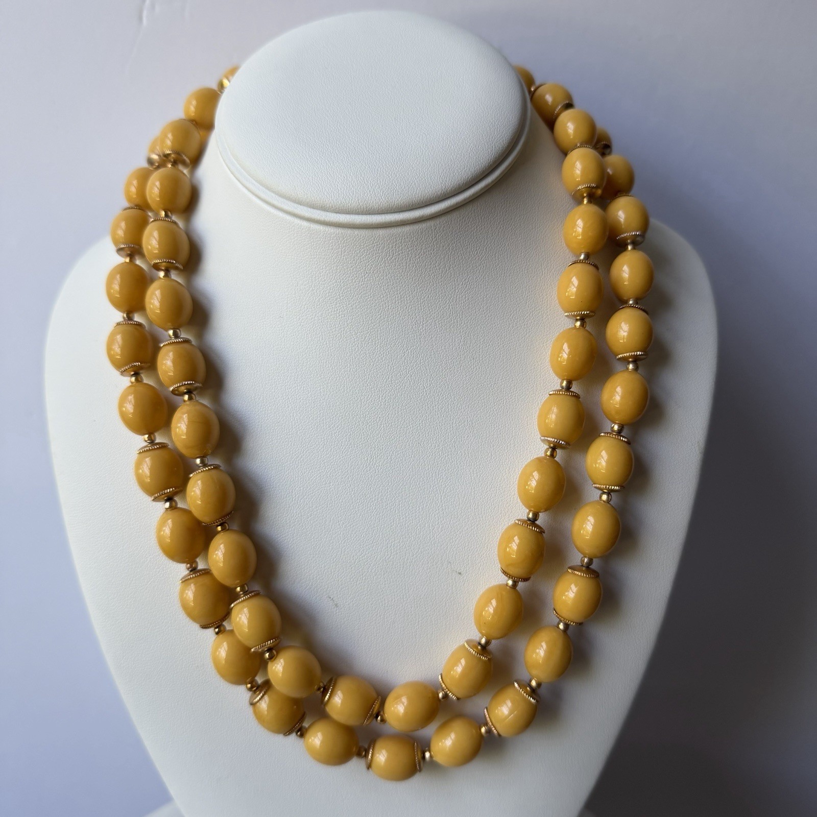 Vintage Hong Kong Double Strand Mustard Yellow Lucite Bead Necklace 18” MCM