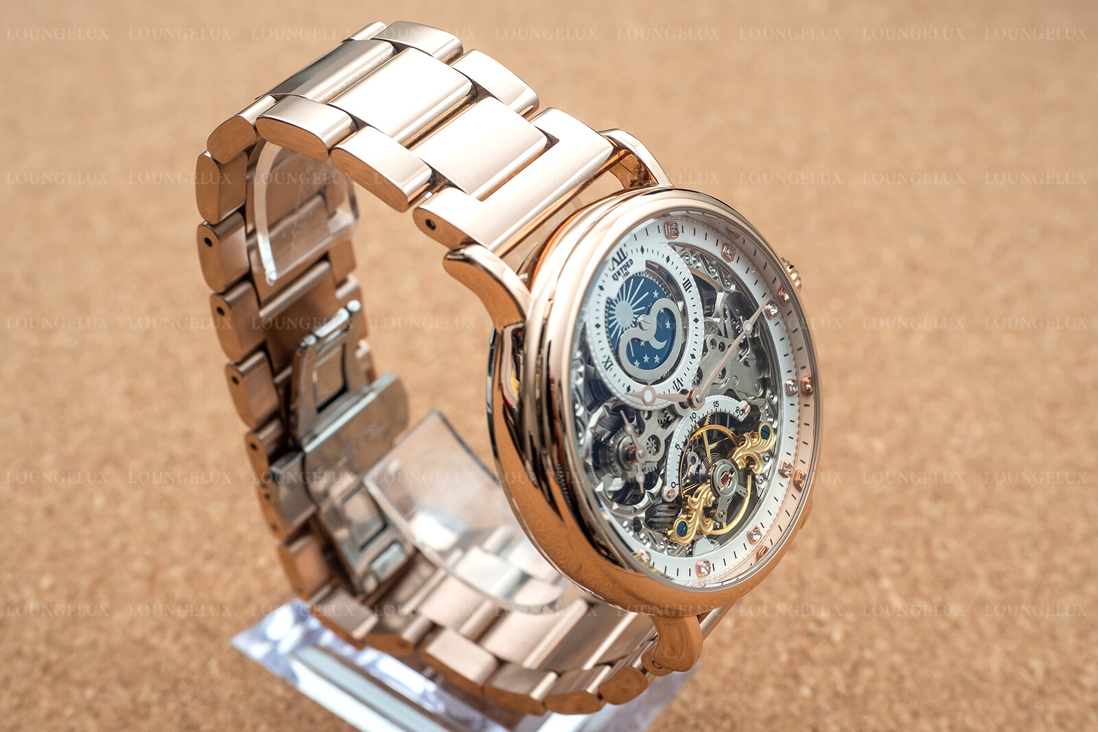 Mens Dual Time Flywheel Automatic Mechanical Watch Rose Gold Stainless Steel
