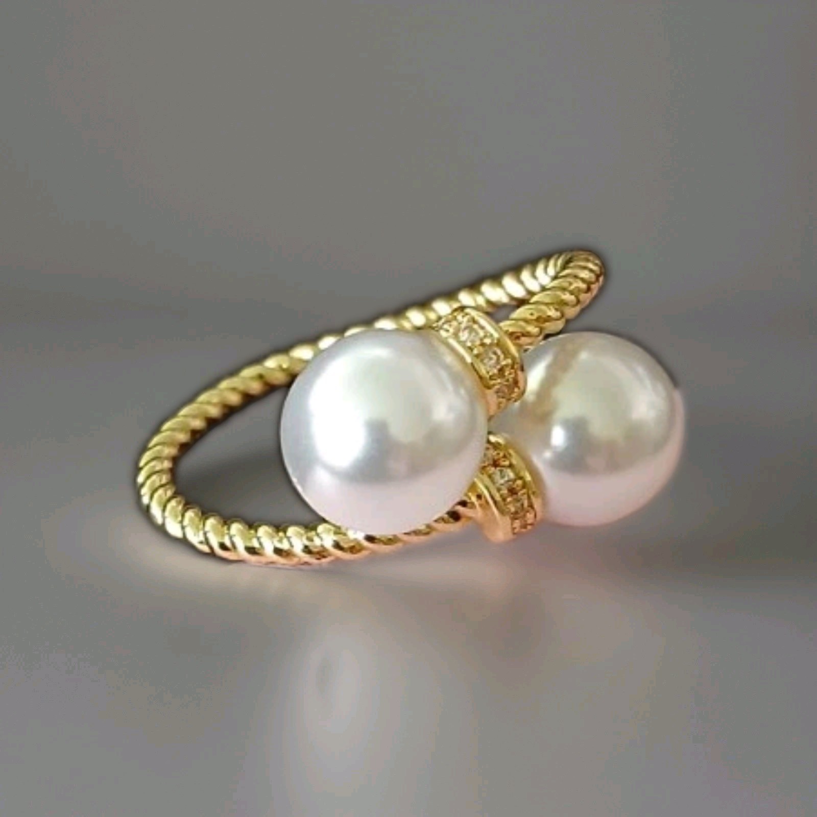 Gold Tone Wrap Open Ring with 2 White Round Imitation Pearls, Adjustable