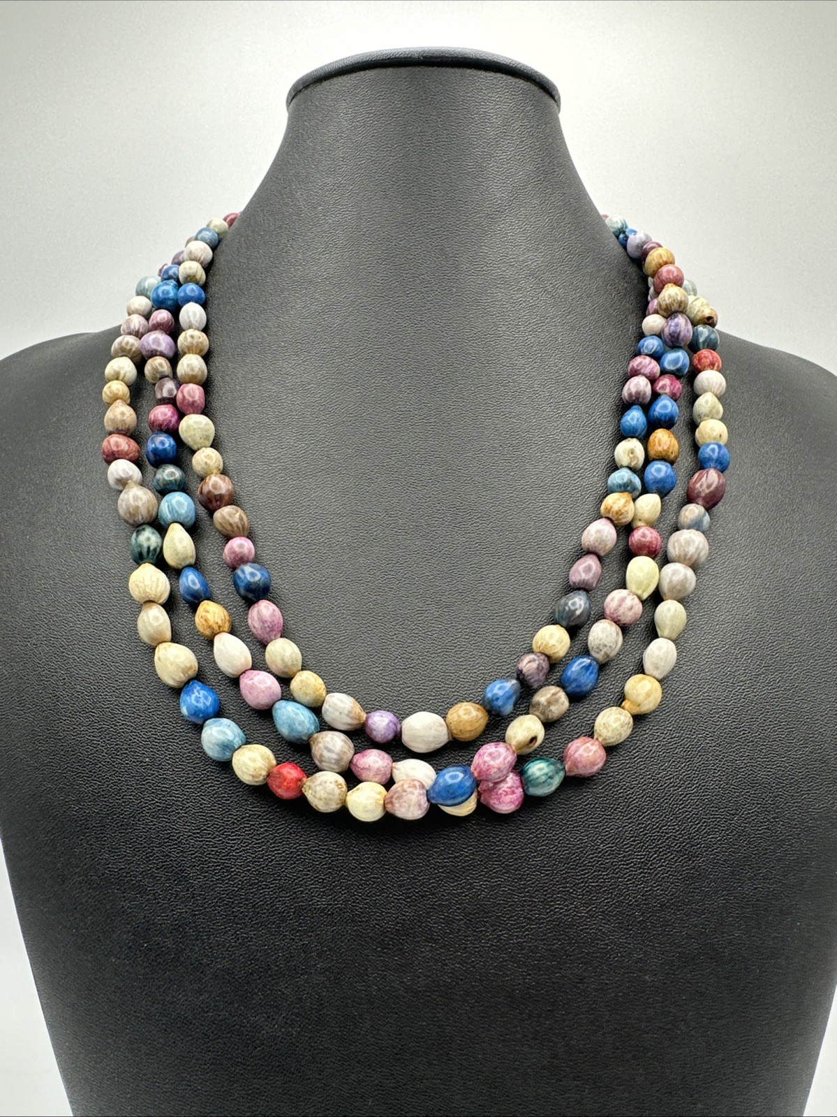 Vintage Colorful Dyed Job’s Tears Seeds Beaded Statement Necklace Long 62” Long