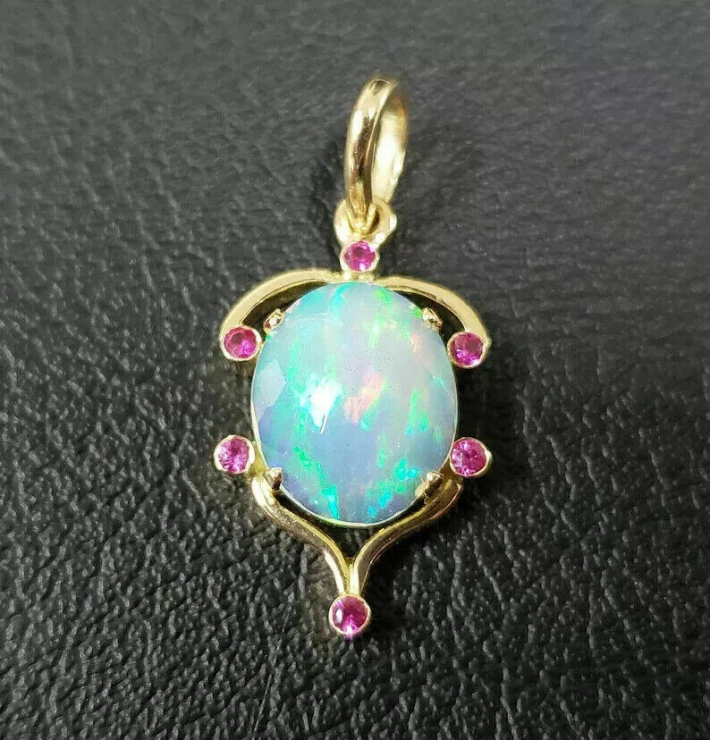 3Ct Oval Cut Opal Ruby Lab Created Pendant With Chain 14K Yellow Gold Finish