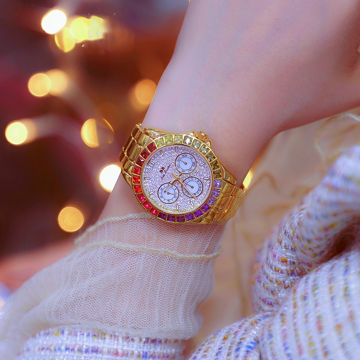Rainbow Crystal Bezel Women Watch Gold Tone Colored Gems Women’s Wrist Watch