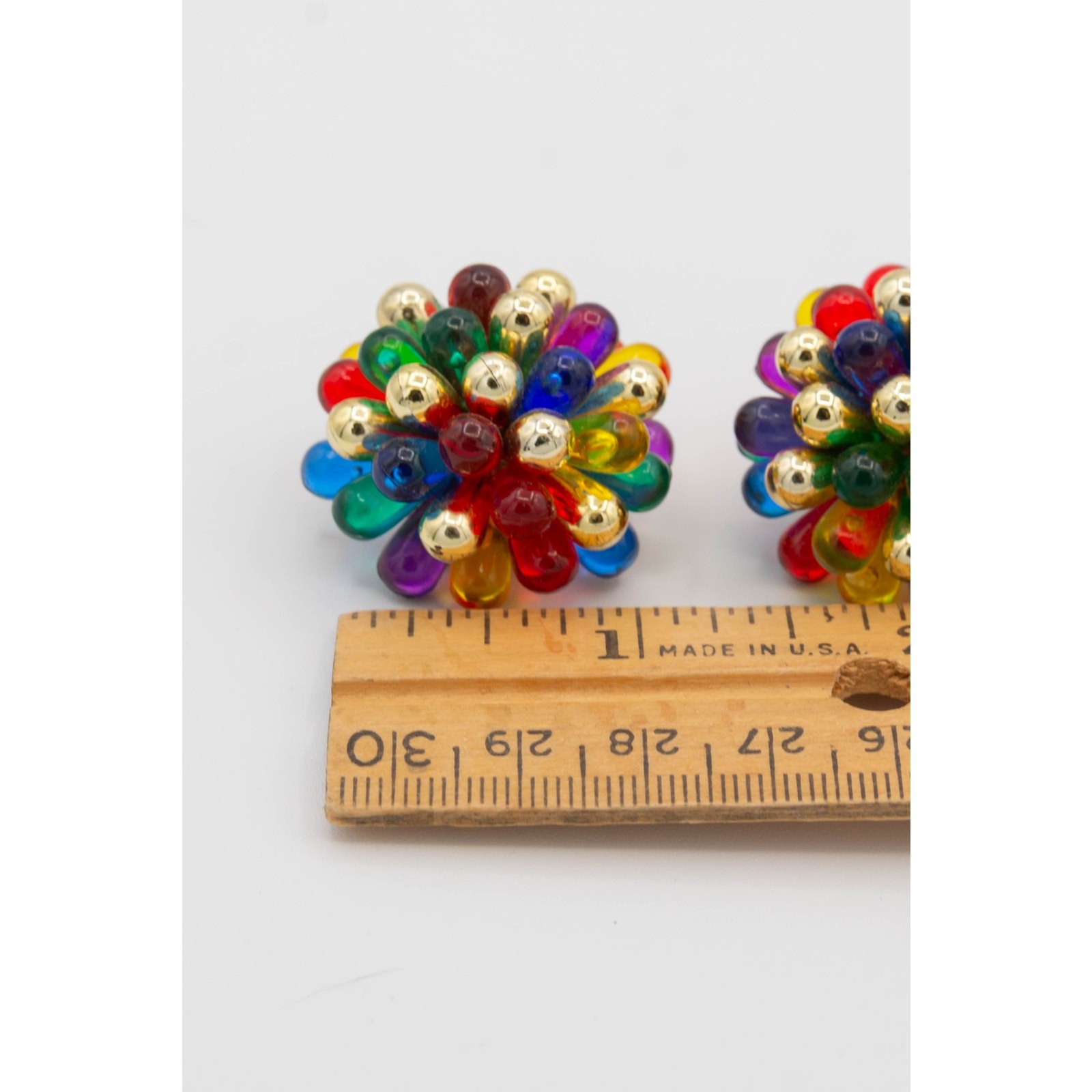 Vtg 1960s Rainbow Lucite Beaded Sputnik Cluster Clip On Earrings Bubble