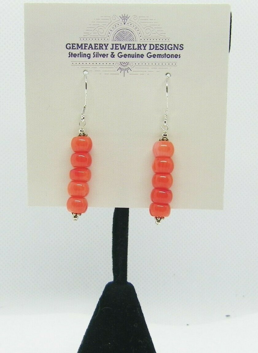 Sterling Silver Natural ORANGE CORAL Heishi Dangle Earrings #5255…Handmade USA