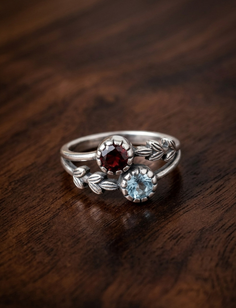 Elegant Brass Floral Ring Garnet And BT Silver Color Design Handmade For Her.