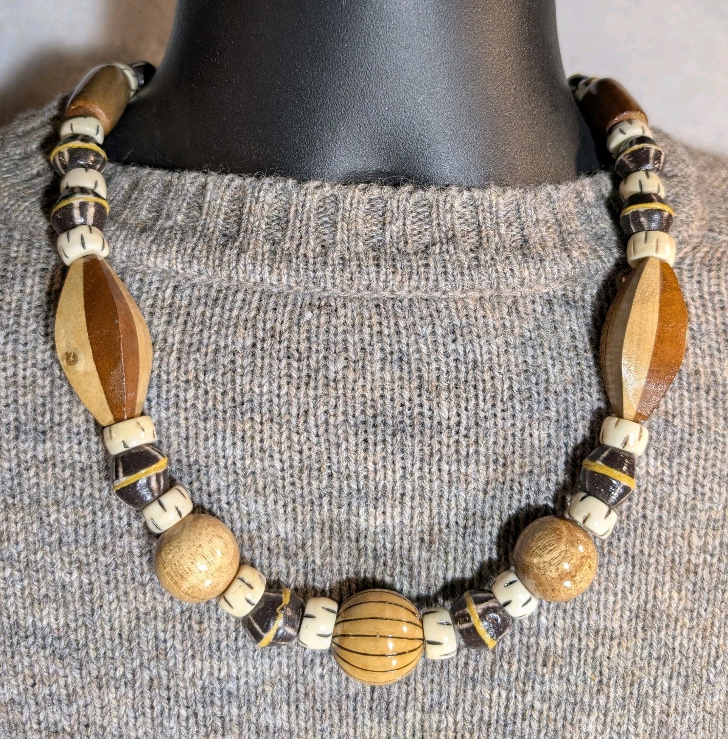 Tribal Wood Bead Necklace, African Krobo Bicone, Bone, Men’s 23in, Earth Tones