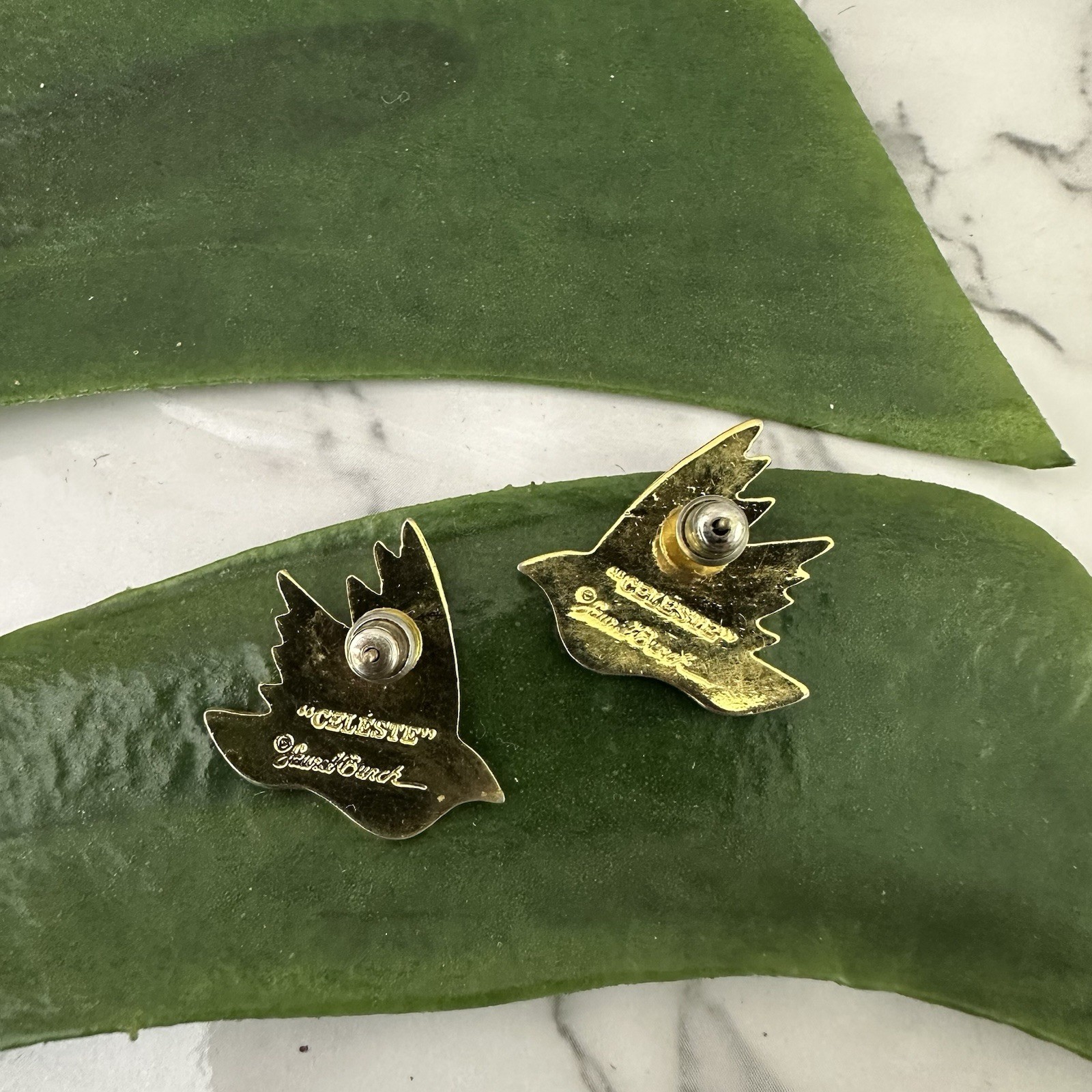 Laurel Burch Vintage Celeste Bird Earrings Gold Tone Purple Enamel Stud Flying