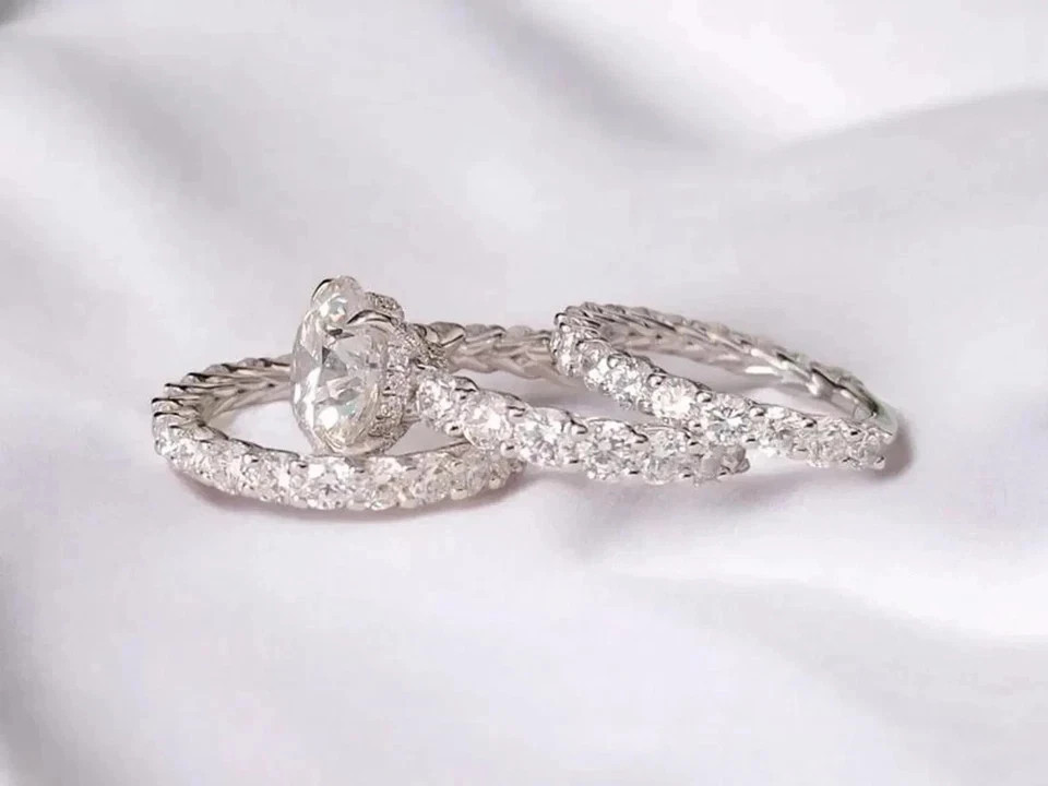 IGI 5CT F/VS1 Round Lab Grown Diamond Women Engagement Ring Set 14k White Gold