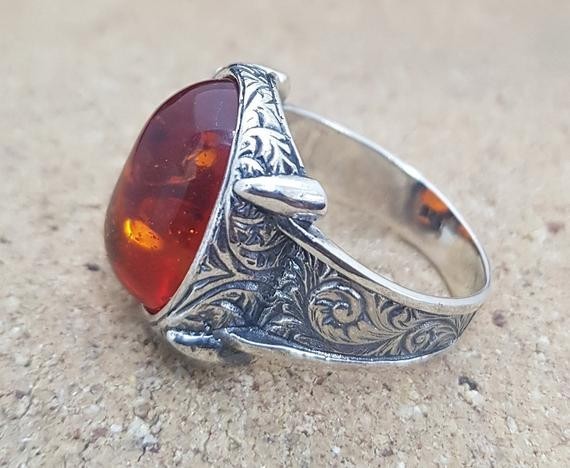Solid 925 Sterling Silver Natural Baltic Amber Gemstone Signet Men’s Unisex Ring