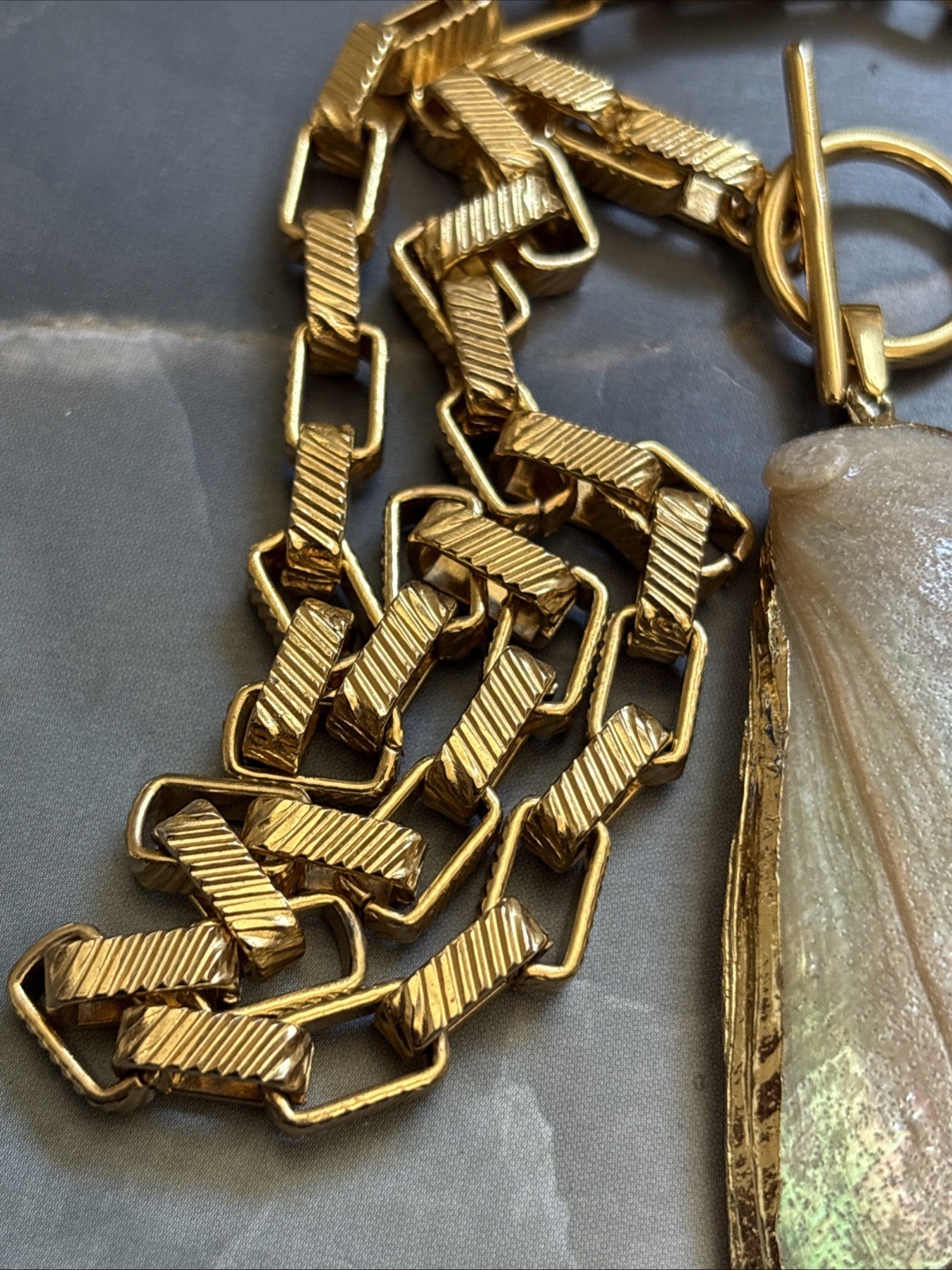 Boutique Gold Plated Chain Dipped Toggle Necklace With Iridescent Shell Pendant