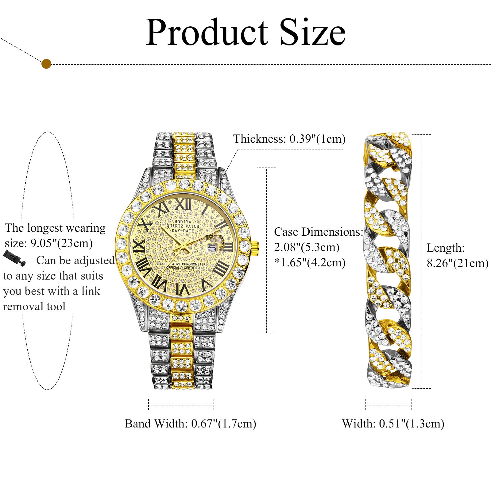 Hip Hop Men CZ Iced Round Stainless Steel Date Quartz Wrist Watch Cuban Bracelet
