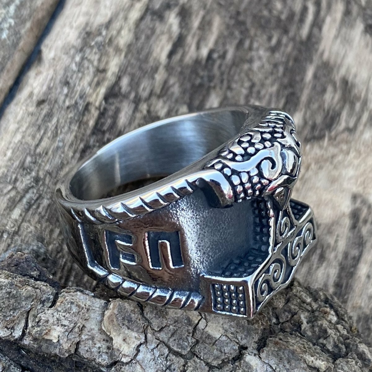 MENDEL Mens Stainless Steel Nordic Viking Thors Hammer Rune Mjolnir Ring For Men