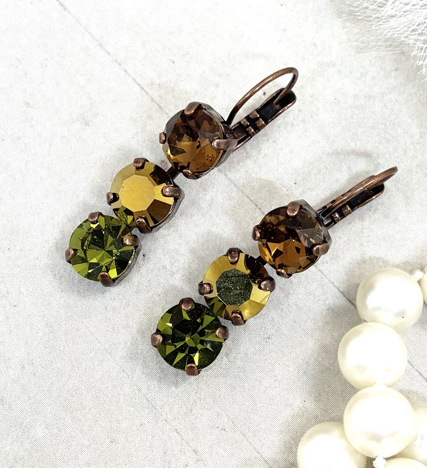 Antique Copper Plated Triple Stone Olive Green And Brown Cup Chain Earrings
