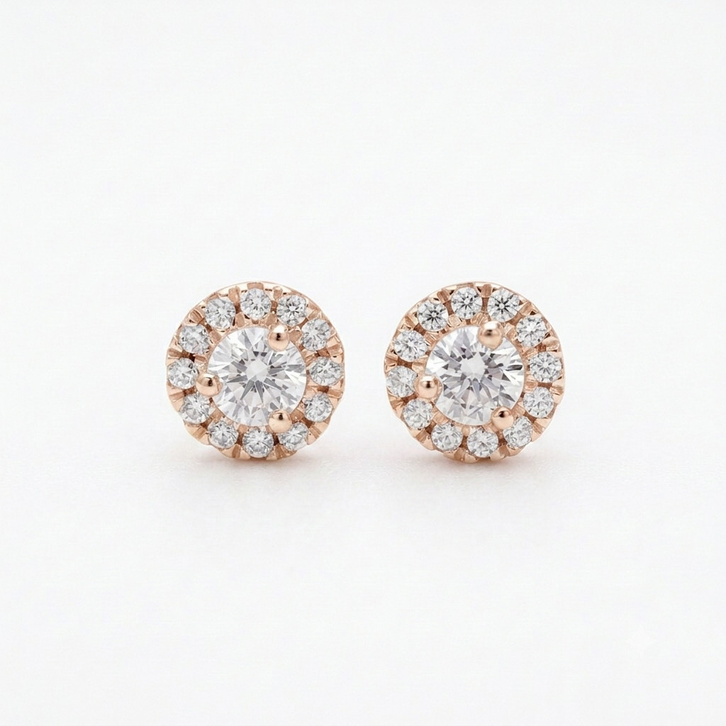 14K Solid Gold 0.50 CT Round Lab Grown Diamond Halo Stud Pushback Fine Earrings