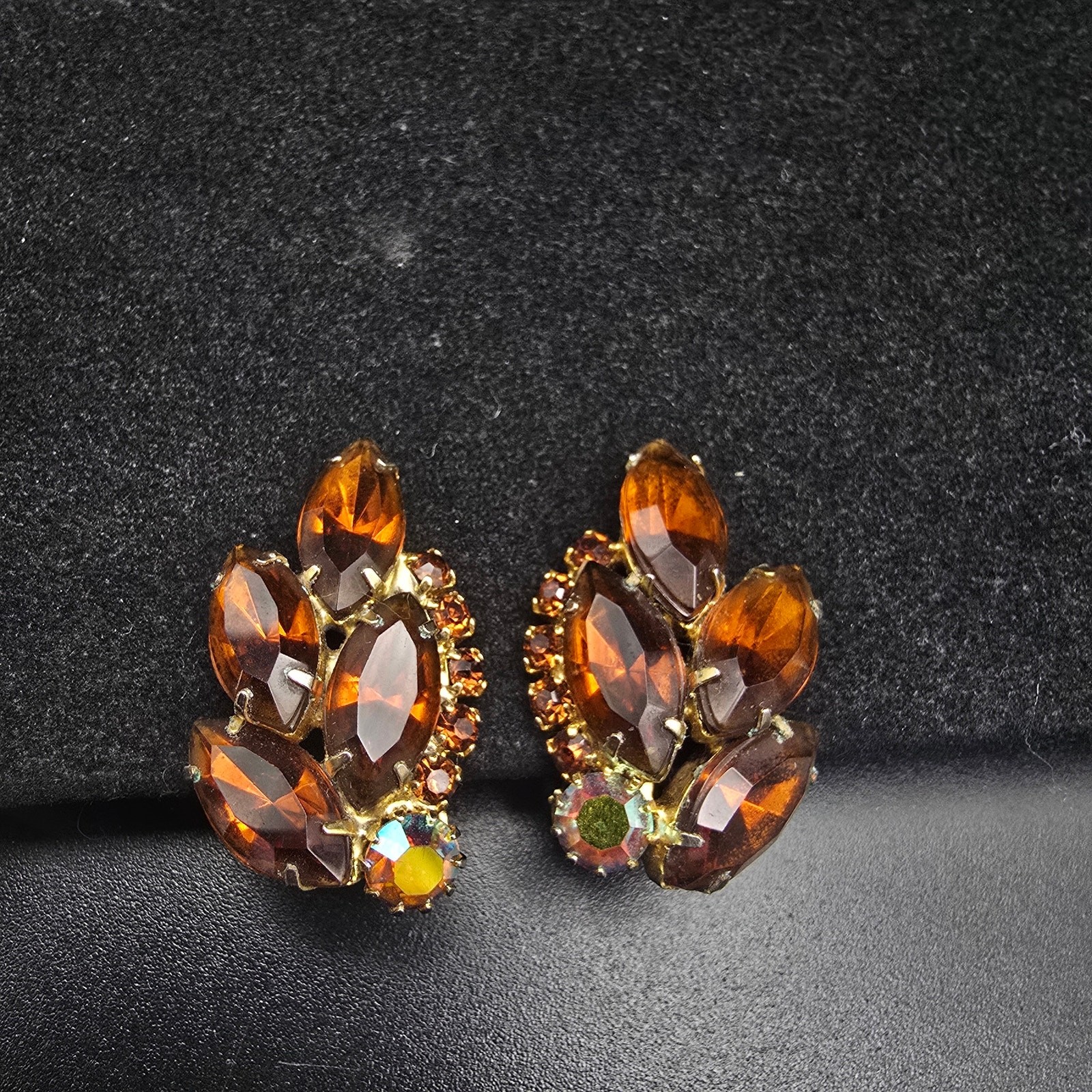 Faux Citrine Amber Rhinestone Clip On Earrings Vintage Glam Costume Jewelry