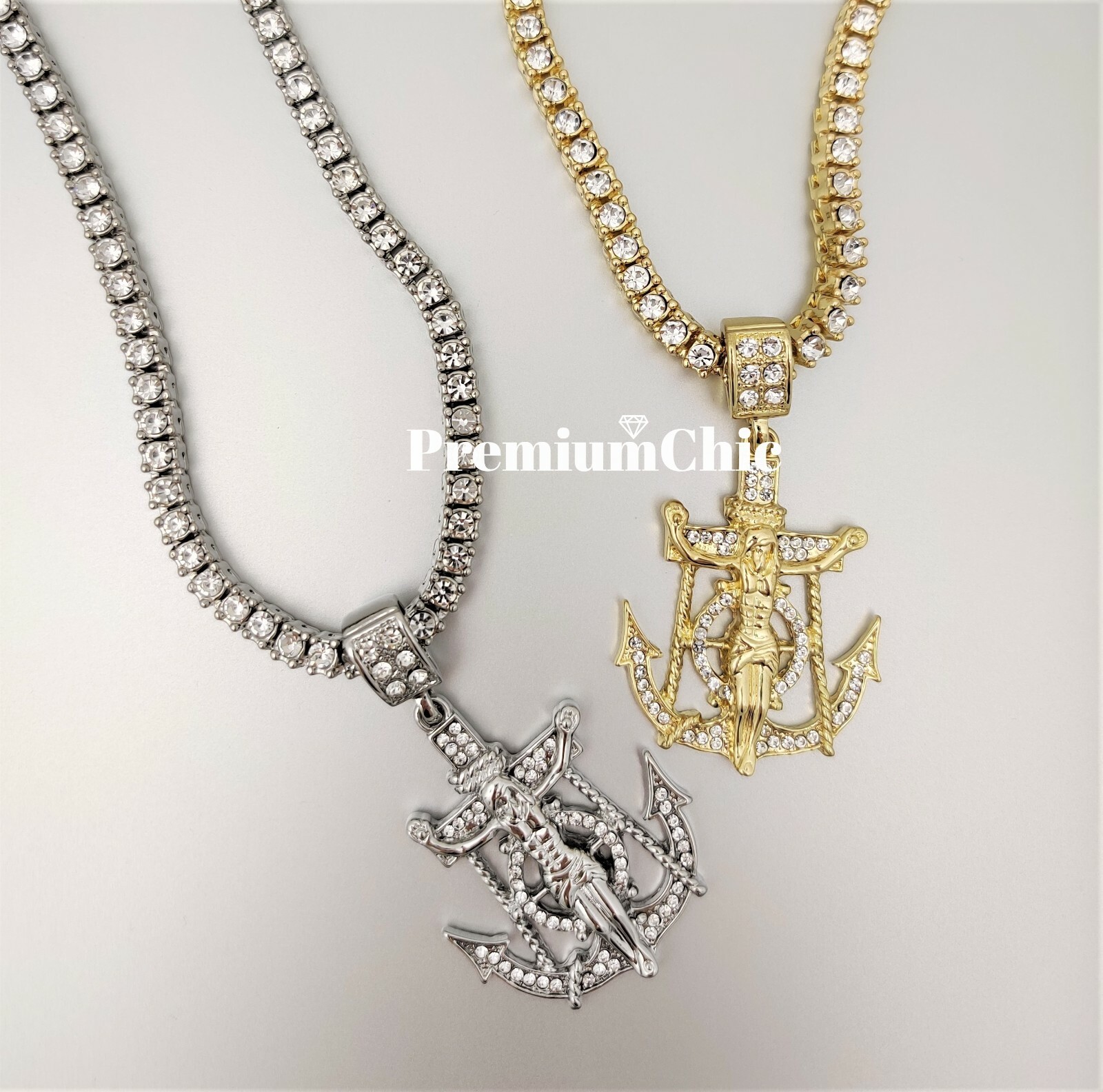 ICED Jesus Anchor & 5MM Tennis Chain Choker Plated Mens Hip Hop CZ Necklace