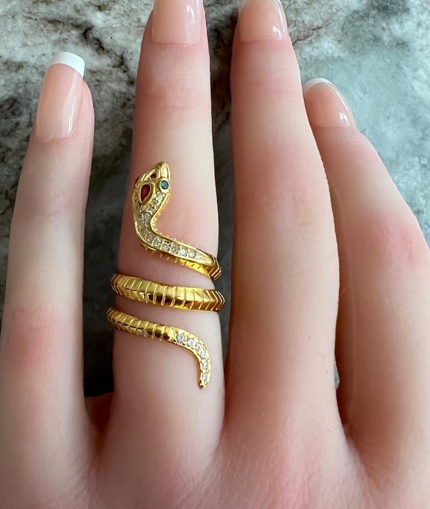 REAL Ruby Emerald Diamond Snake Ring 14K Y Gold on 925 wrap coiled Egyptian Rev