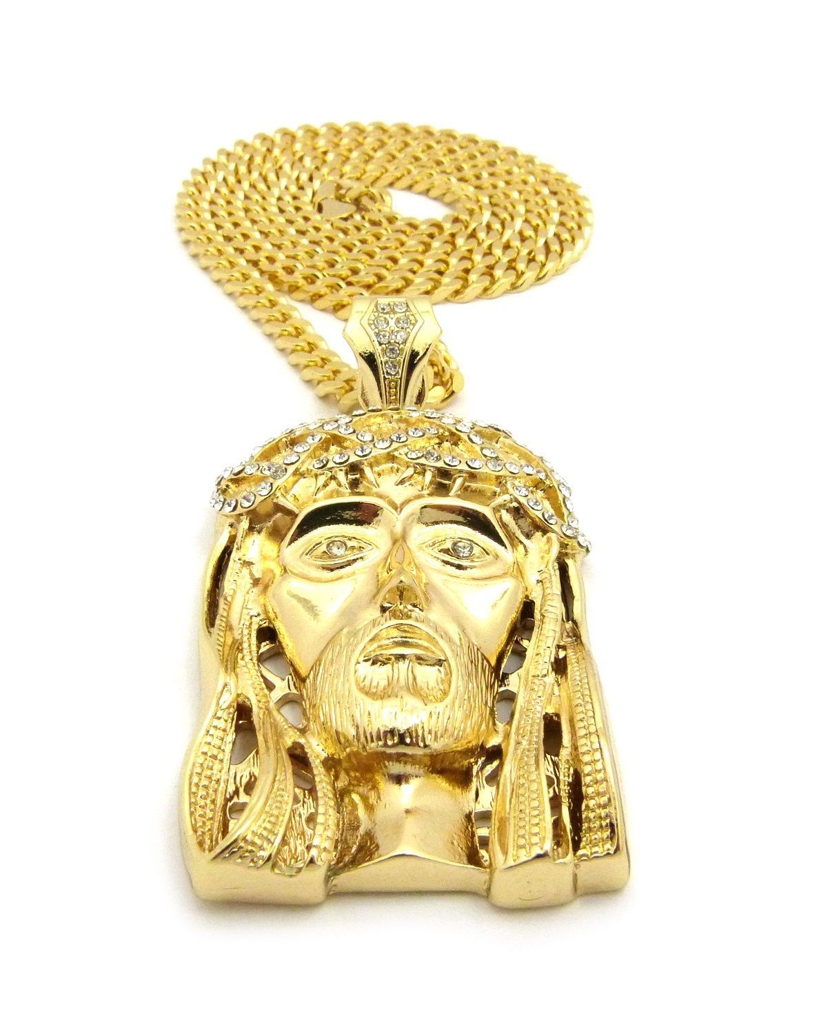 Hip Hop Iced Gold Plated Alloy Cubic Zirconia Big Jesus 30″ Cuban Chain Necklace
