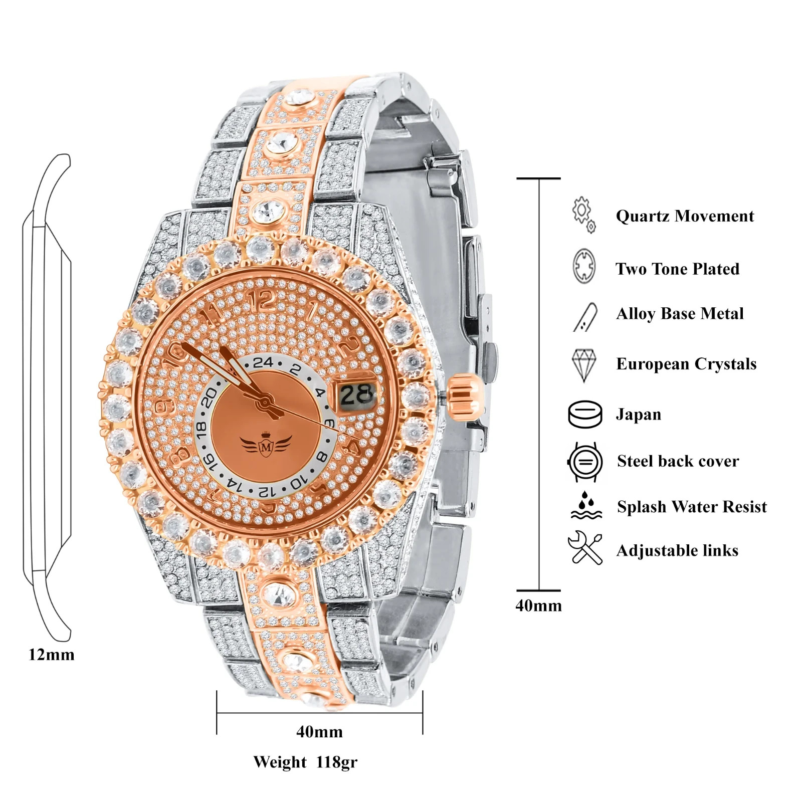 Men’s Two Tone Rose Gold Silver Bling Watch CZ Crystal Bezel Quartz Date 40mm