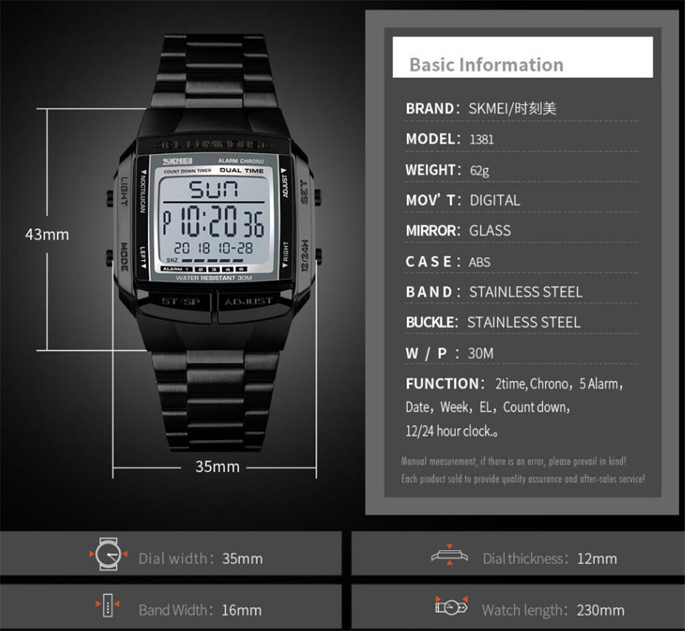 SKMEI Men Sport Watches Electronic Digital Watch LED Alarm Male Steel Wristwatch