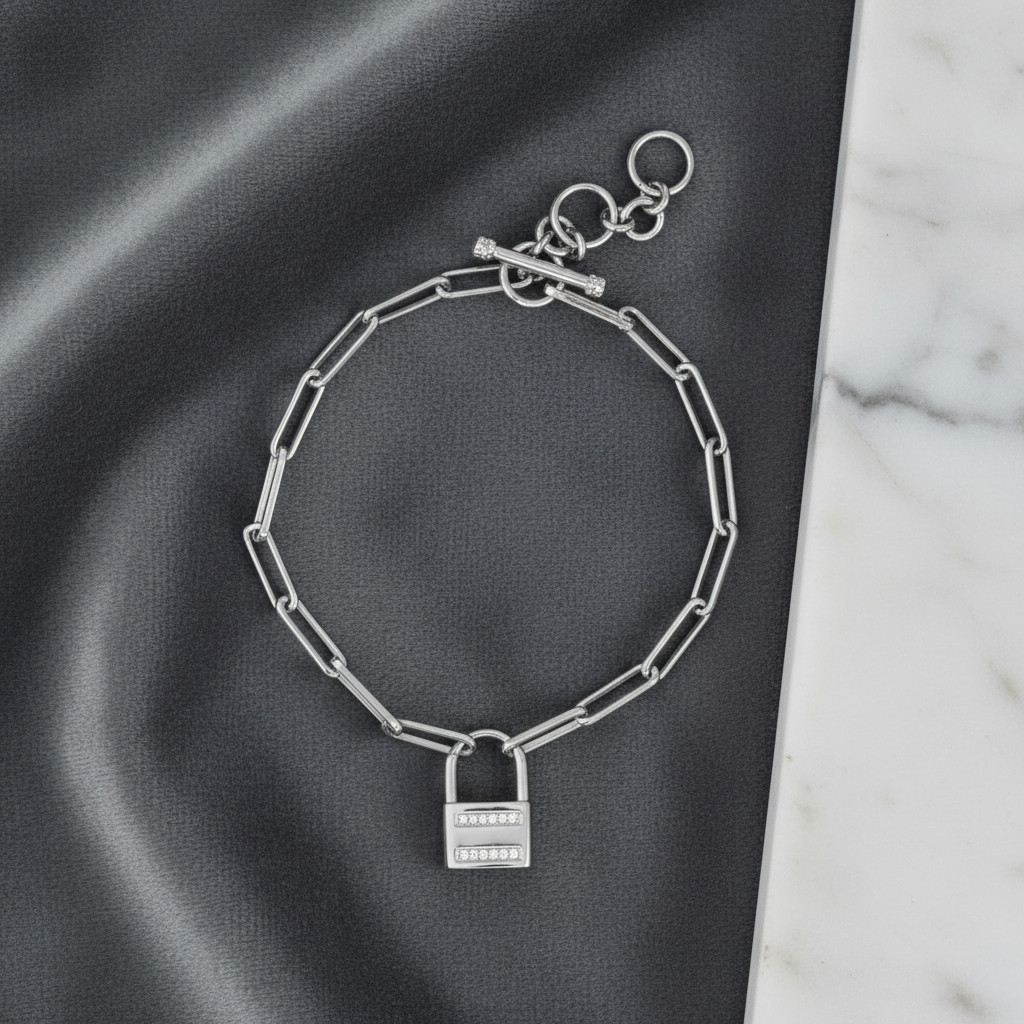 CZ Lock Charm Paperclip Chain Bracelet Rhodium Plated 925 Silver 6.5-7.5in