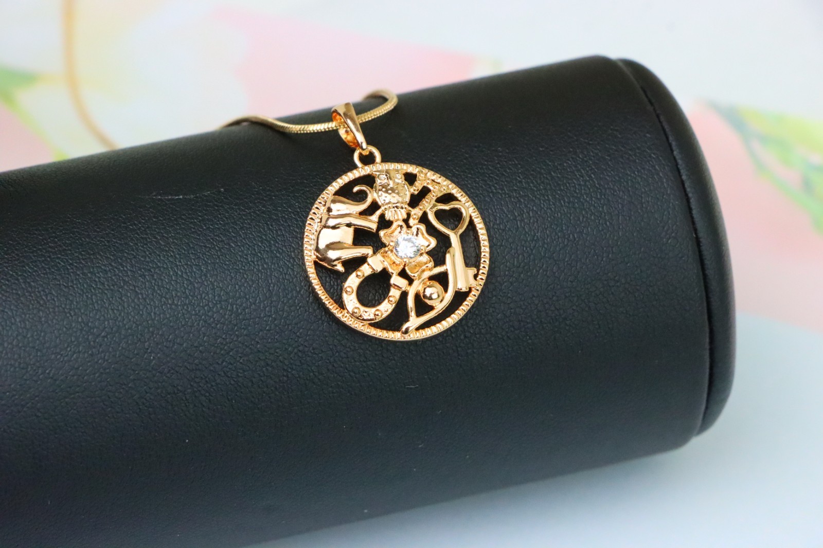 Round Rose Gold Pendant with Religious Motifs and Center Stone, XPPT1442