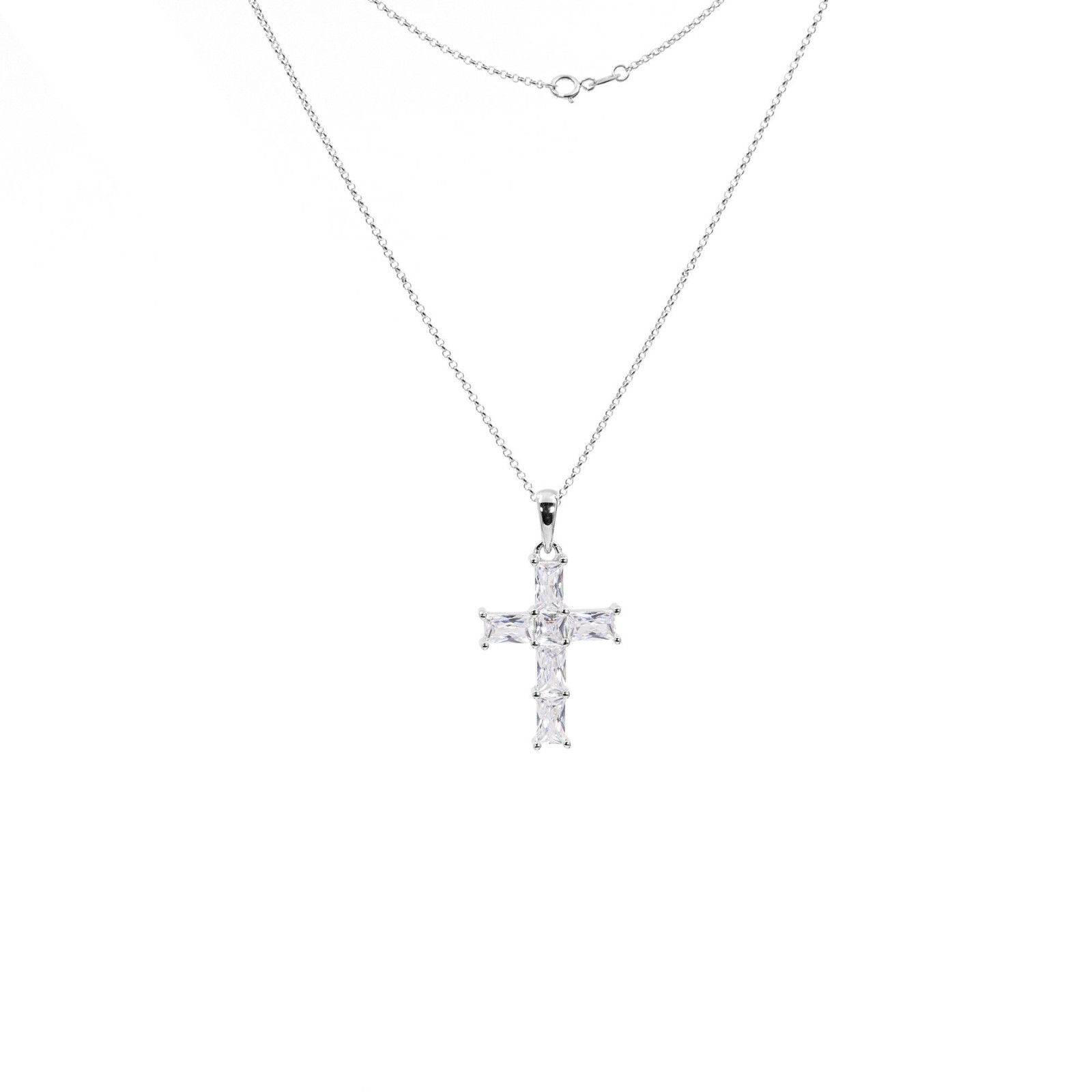 Circle Rolo Chain Necklace Pendant Cross 925 Sterling Silver Zircon Da/He