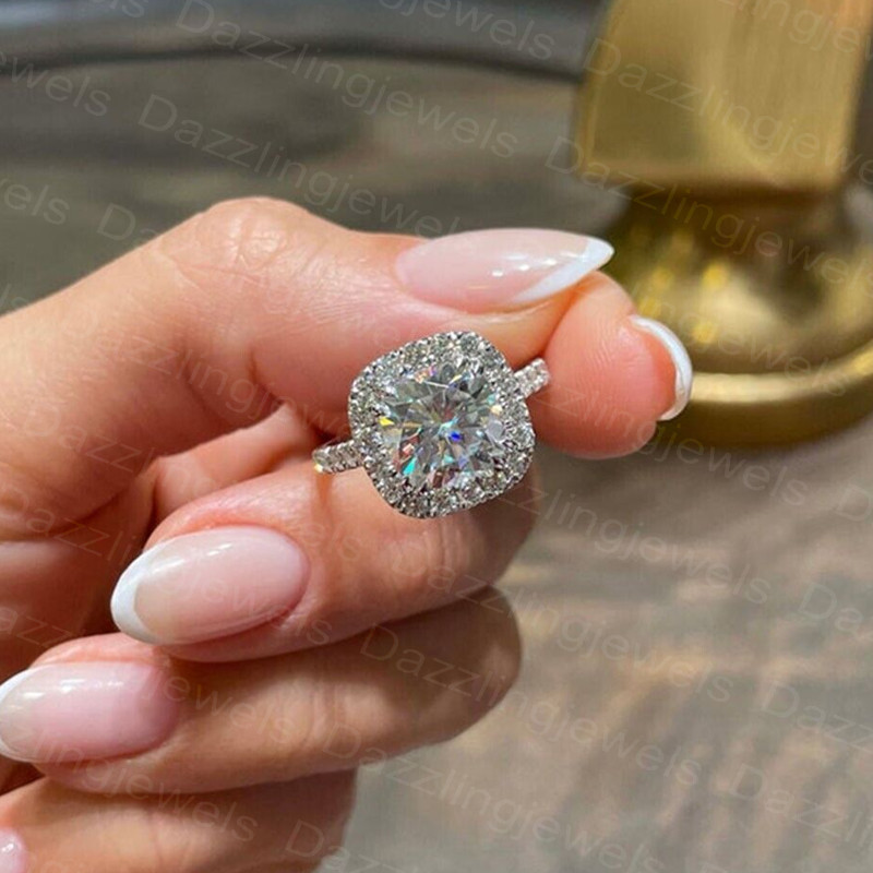 3.85Ctw Certified Cushion Moissanite Halo Engagement Ring 14K White Gold Plated