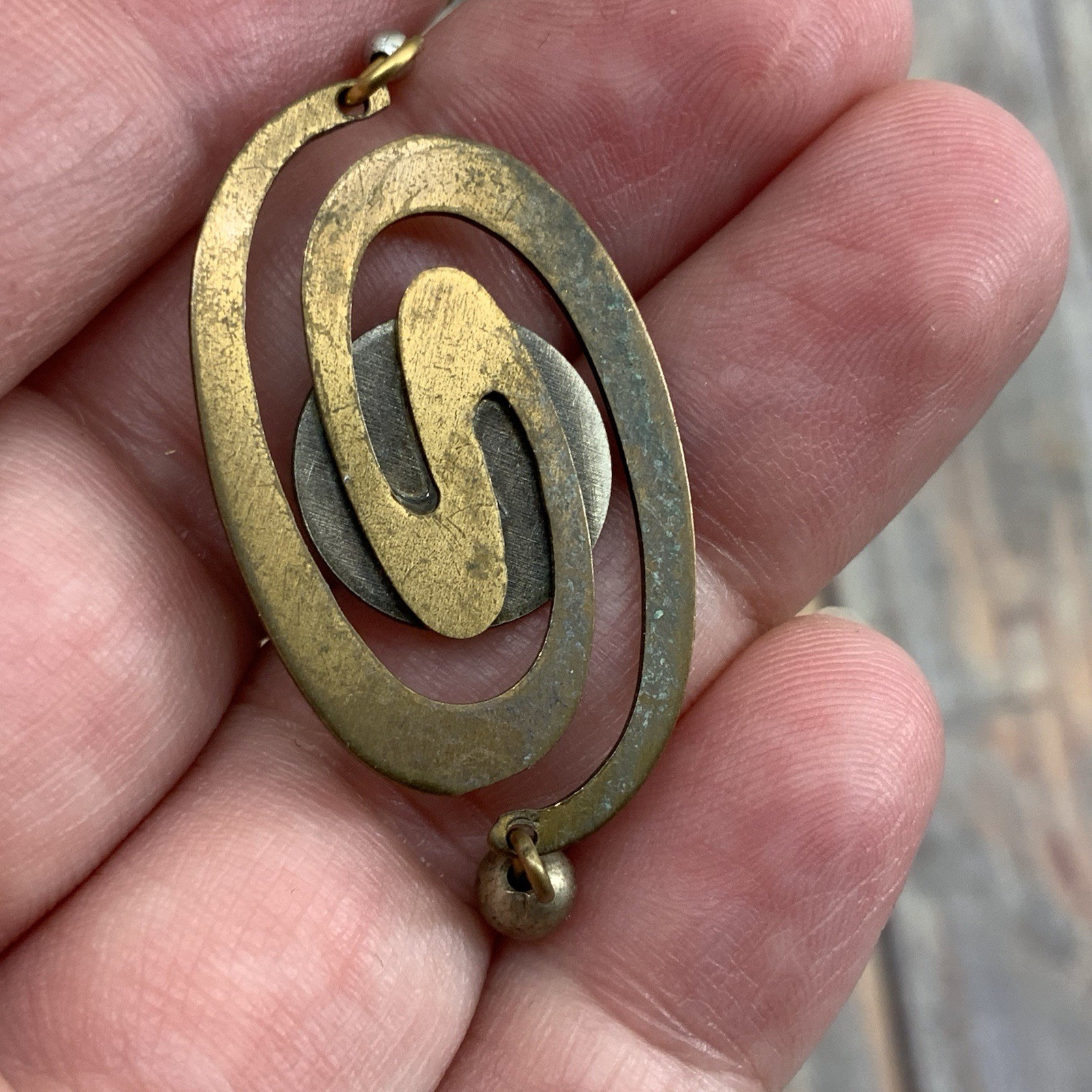 Artisan brass spiral faux turquoise cabochon boho earrings
