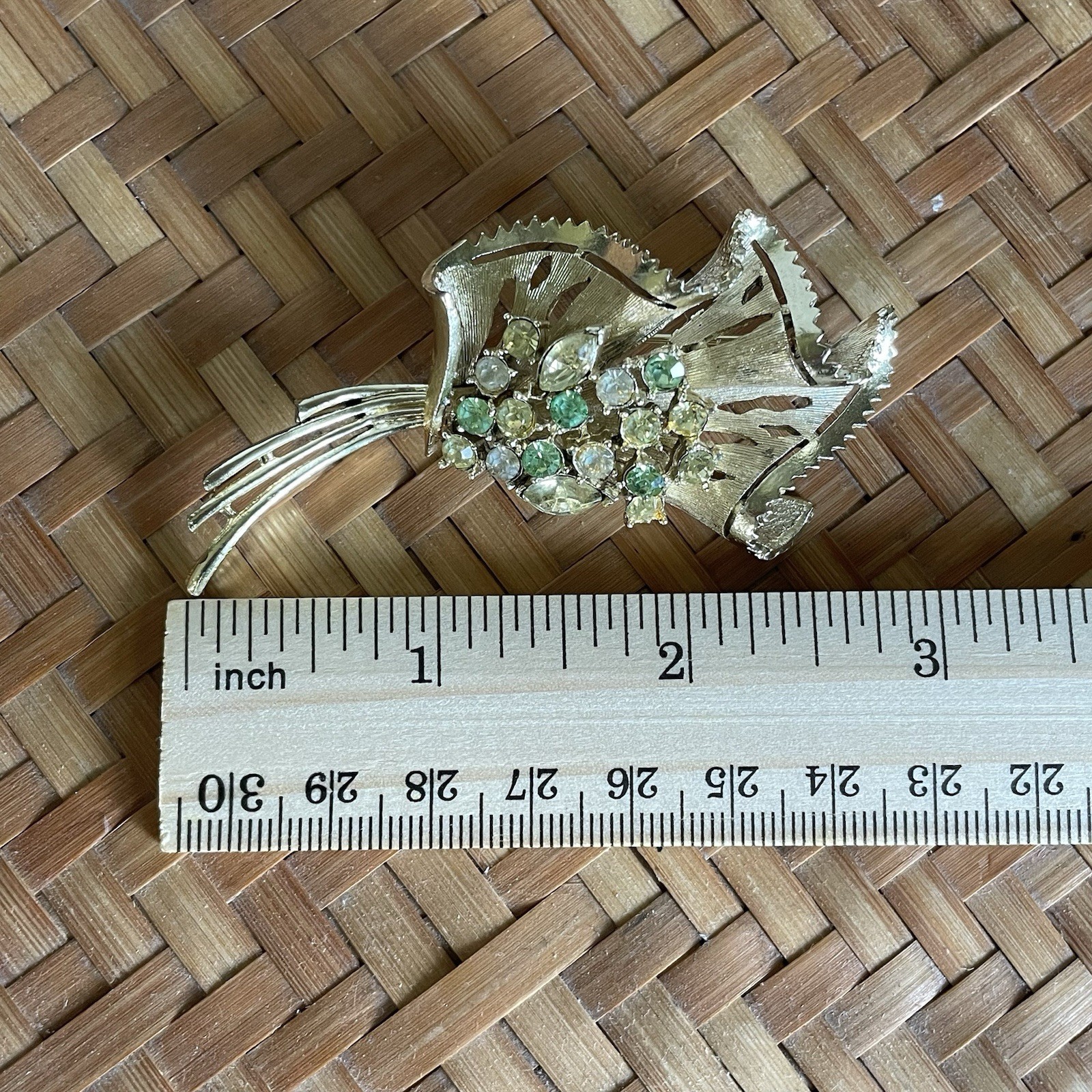 Vintage Signed CORO Pegasus Set Brooch & Earrings. Clear Rhinestones & Green
