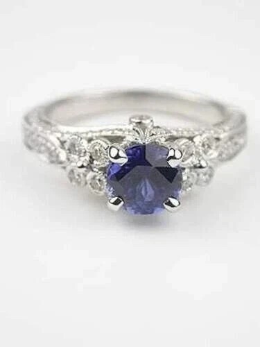 Art Deco Style 2.5Ct Created Blue Sapphire Engagement 14K White Gold Finish Ring