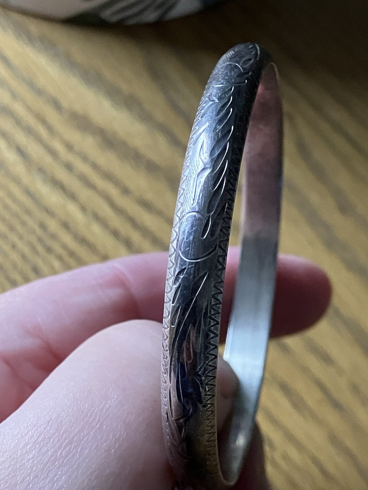 Vintage Sterling Silver Decorative Etched Pattern Band Bangle With Safety Chain