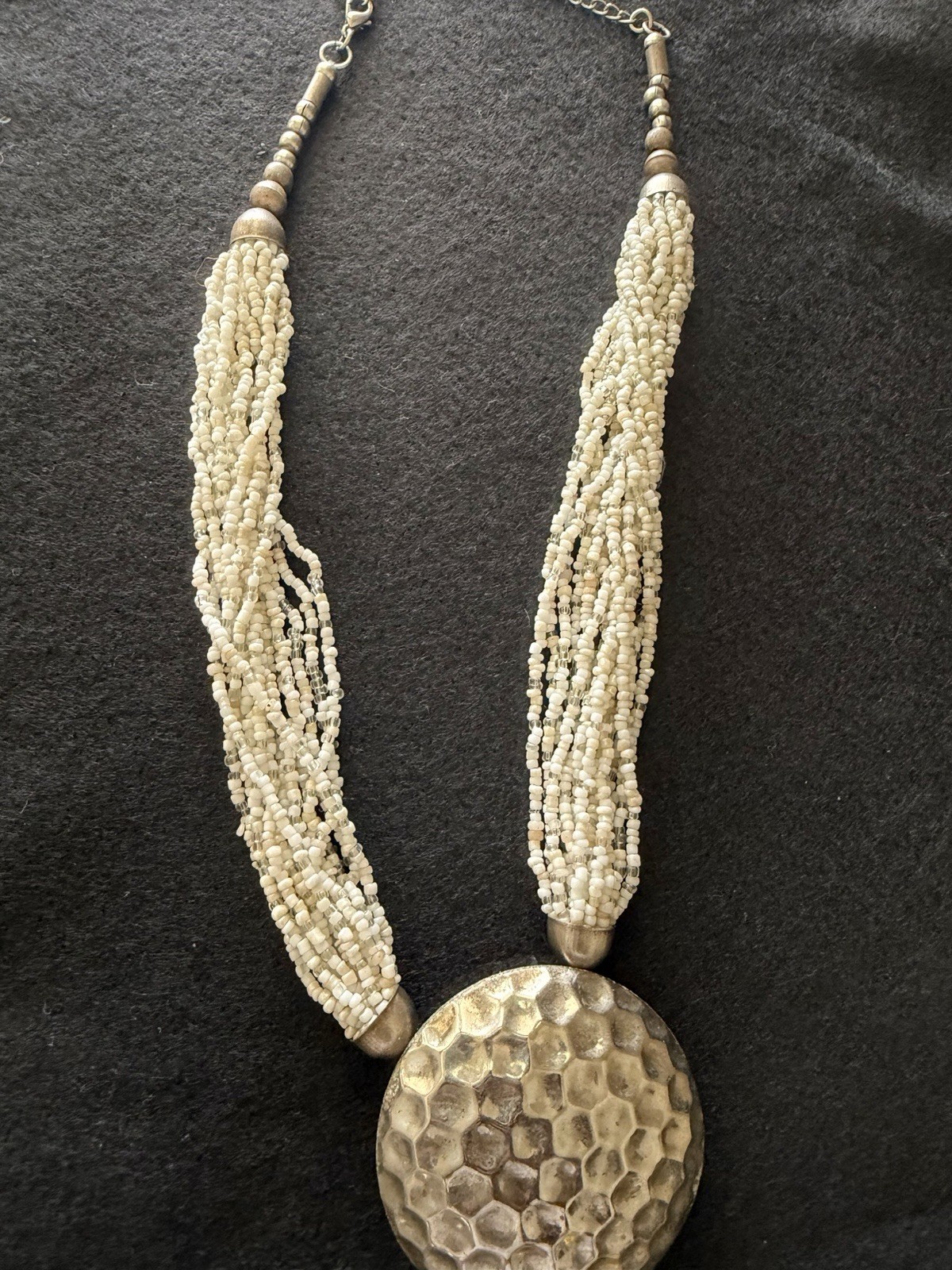 Boho White Multi Strand Seed Bead Statement Necklace Hammered Pendant 20”