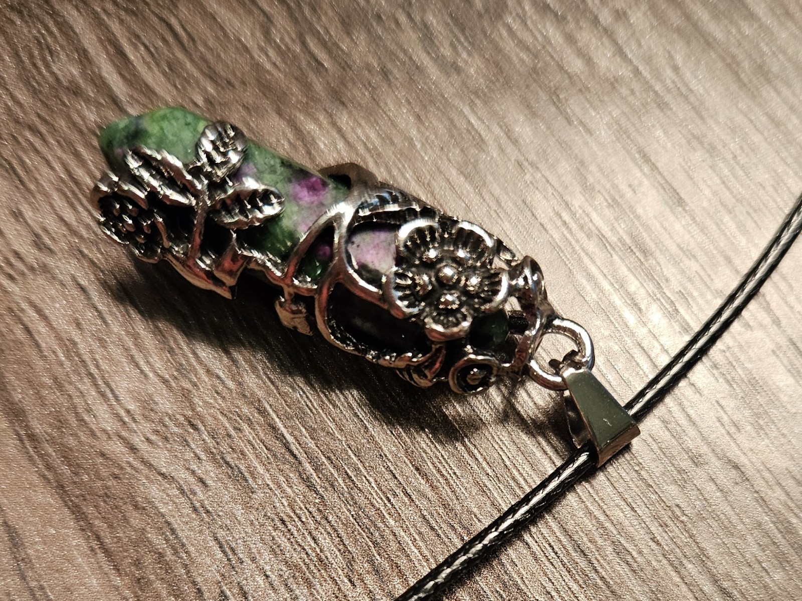 Ruby Zoisite Pendant Necklace Beautiful Silver Colored Wrapping Black Cord 18″