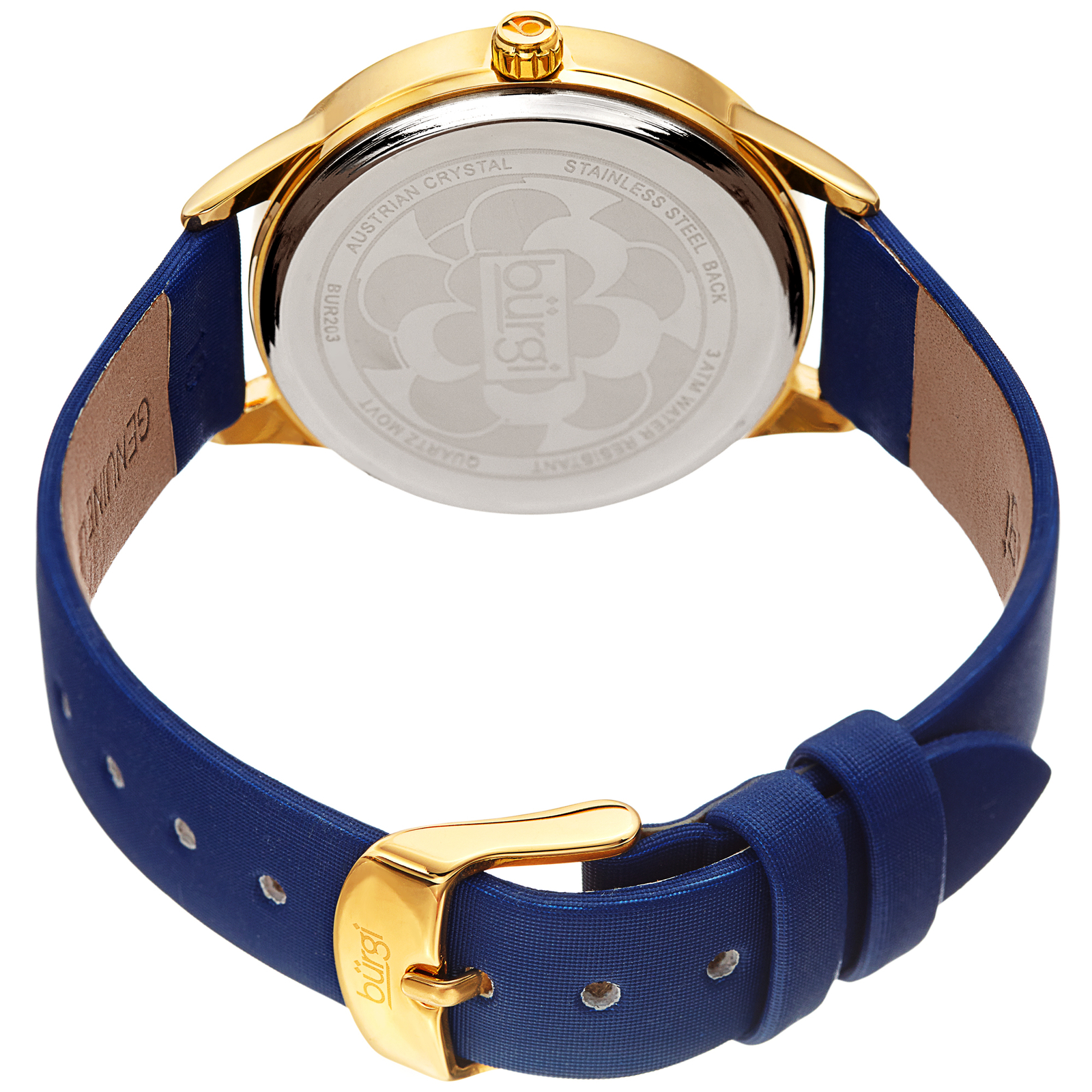 Women’s Burgi BUR203BU Swarovski Floral Gold Tone Dial Blue Leather Strap Watch
