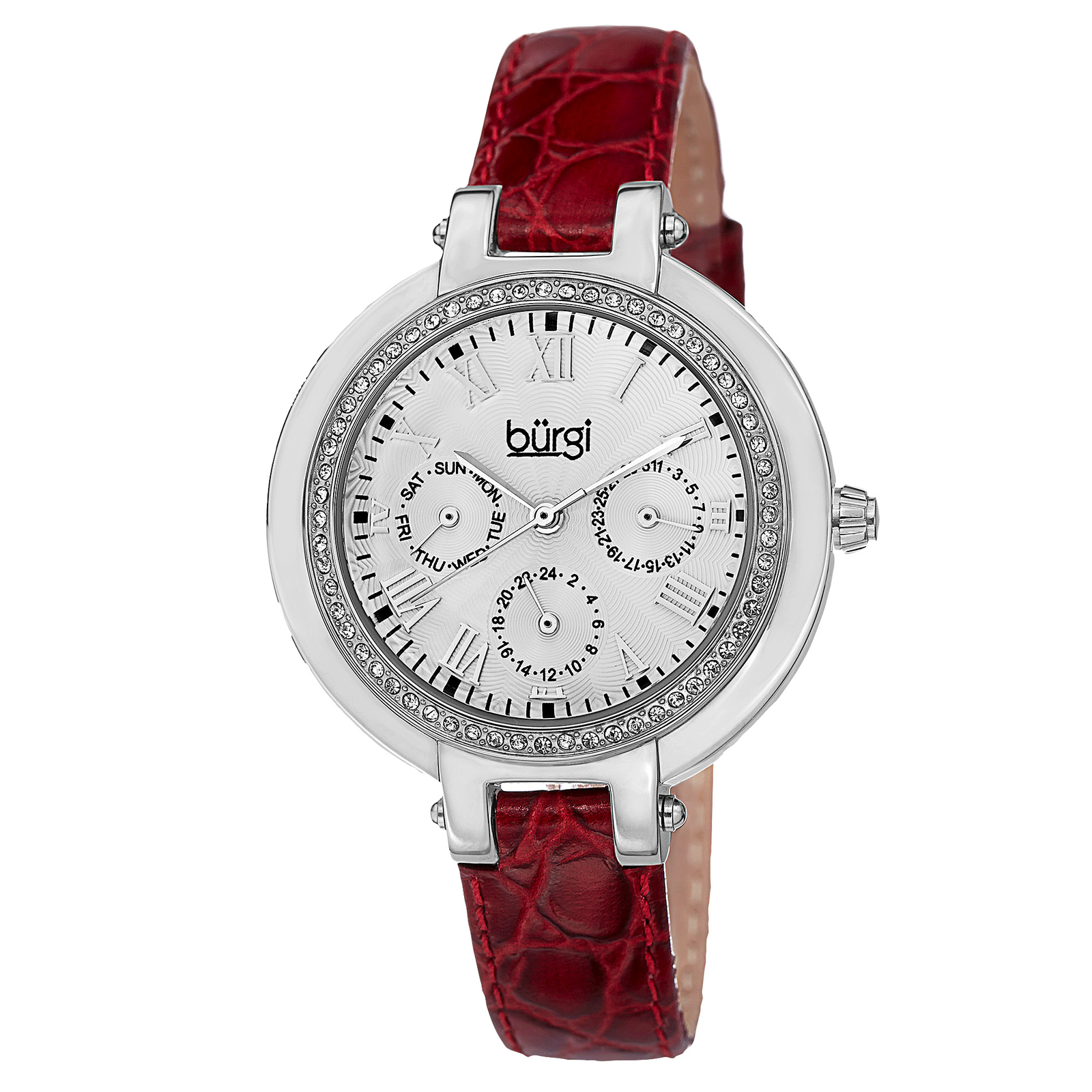 Women’s Burgi BUR085BUR Quartz Crystal Bezel Multifunction Leather Strap Watch