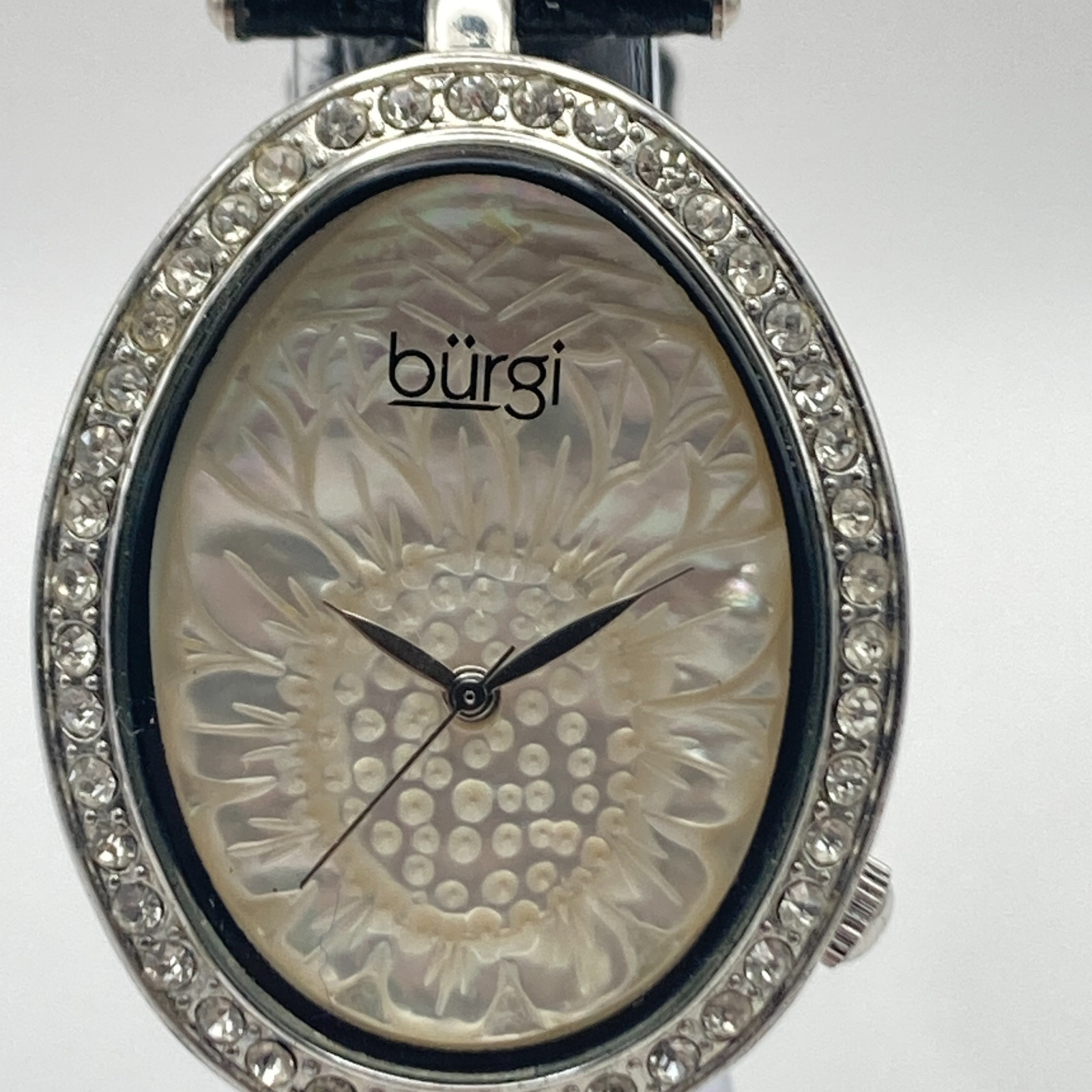 Burgi Women’s Watch Silver Tone Crystals Floral Dial 33mm Oval New Battery 8.75″
