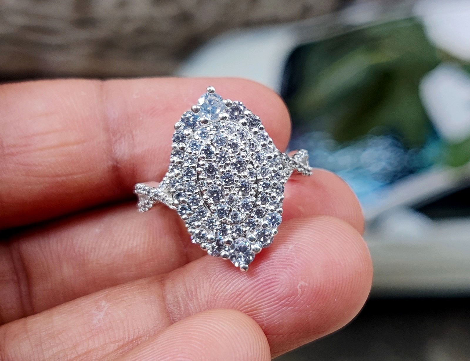 1.50Ct Oval Lab-Created Diamond Cluster Engagement Ring 14K White Gold Plated