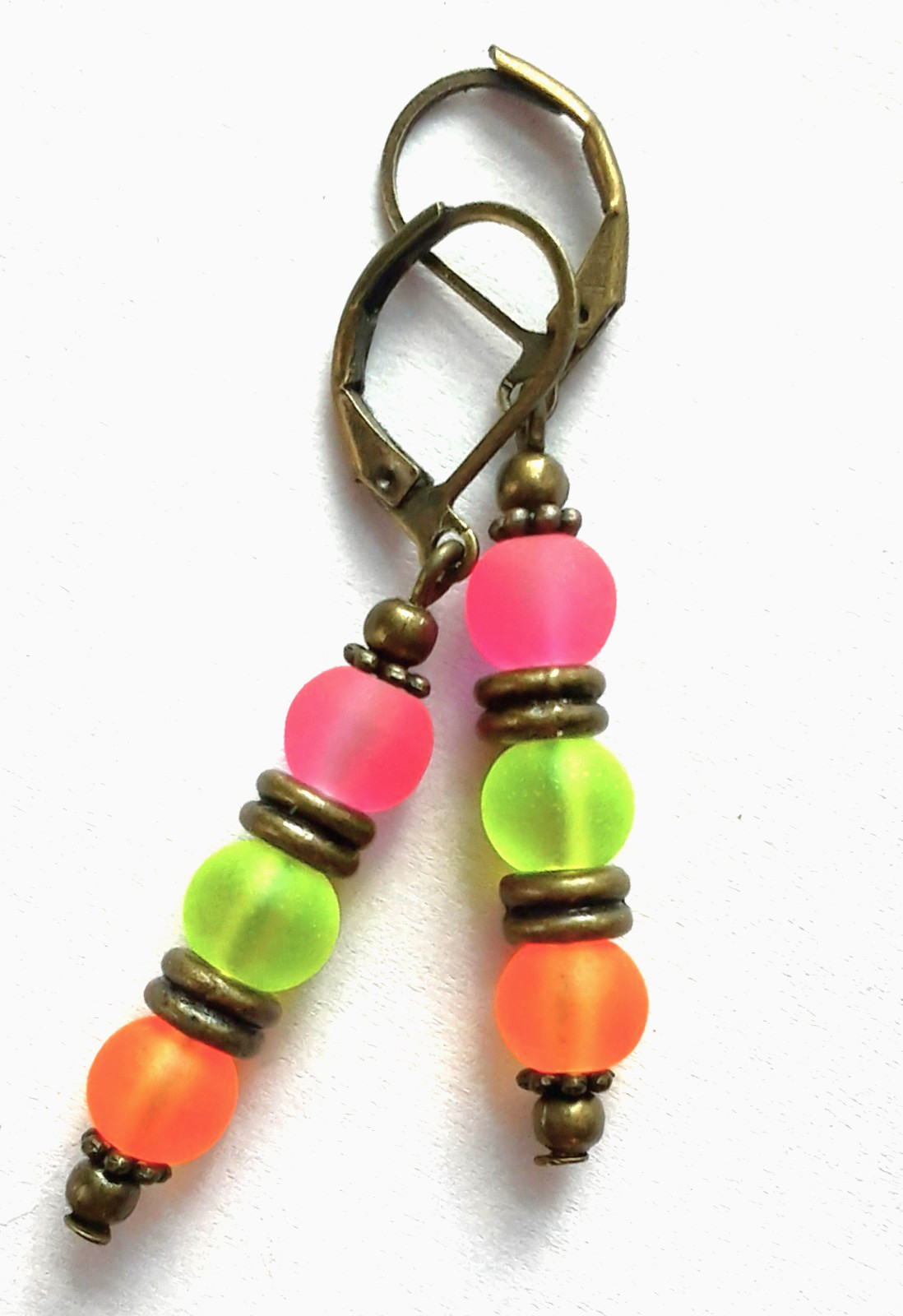pink lime orange FROSTED BEACH GLASS drop earring BRONZE HANDCRAFTED 910