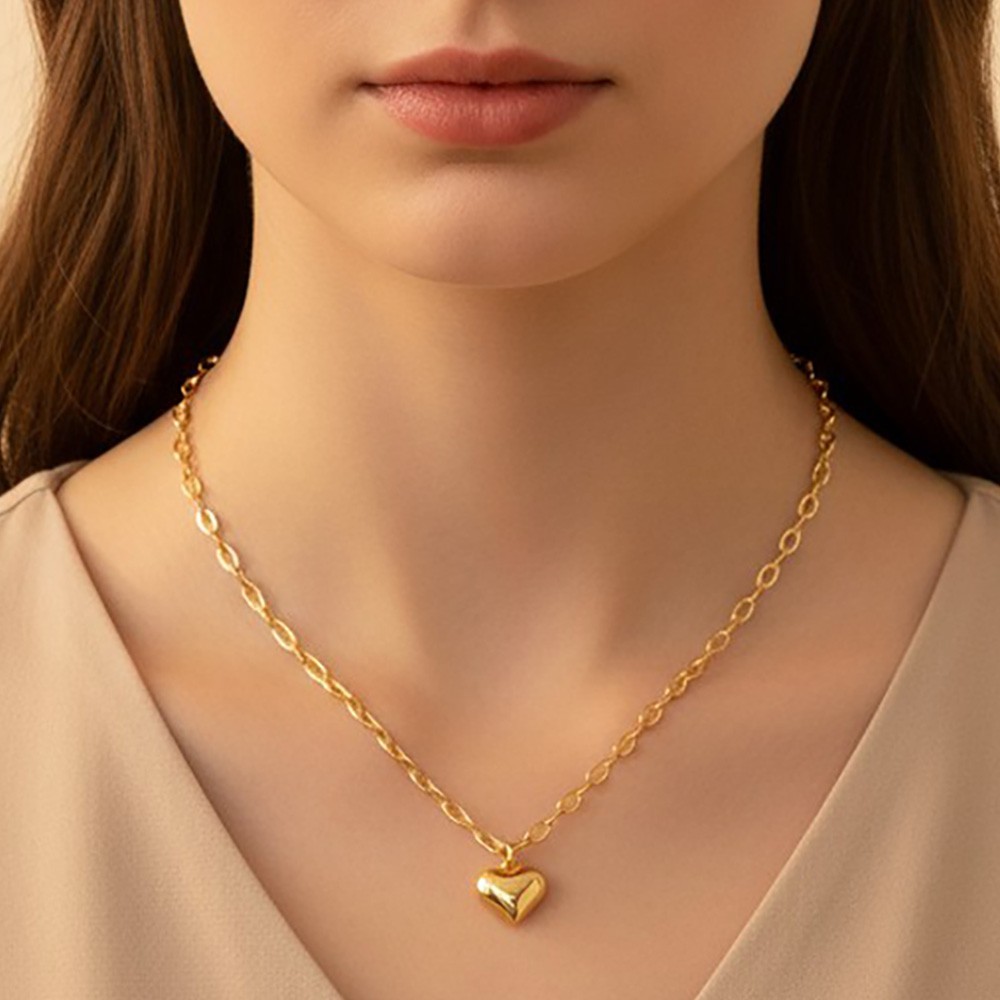 Gold Stainless Steel Heart Pendant Paperclip Chain Necklace Minimalist Adjustabl