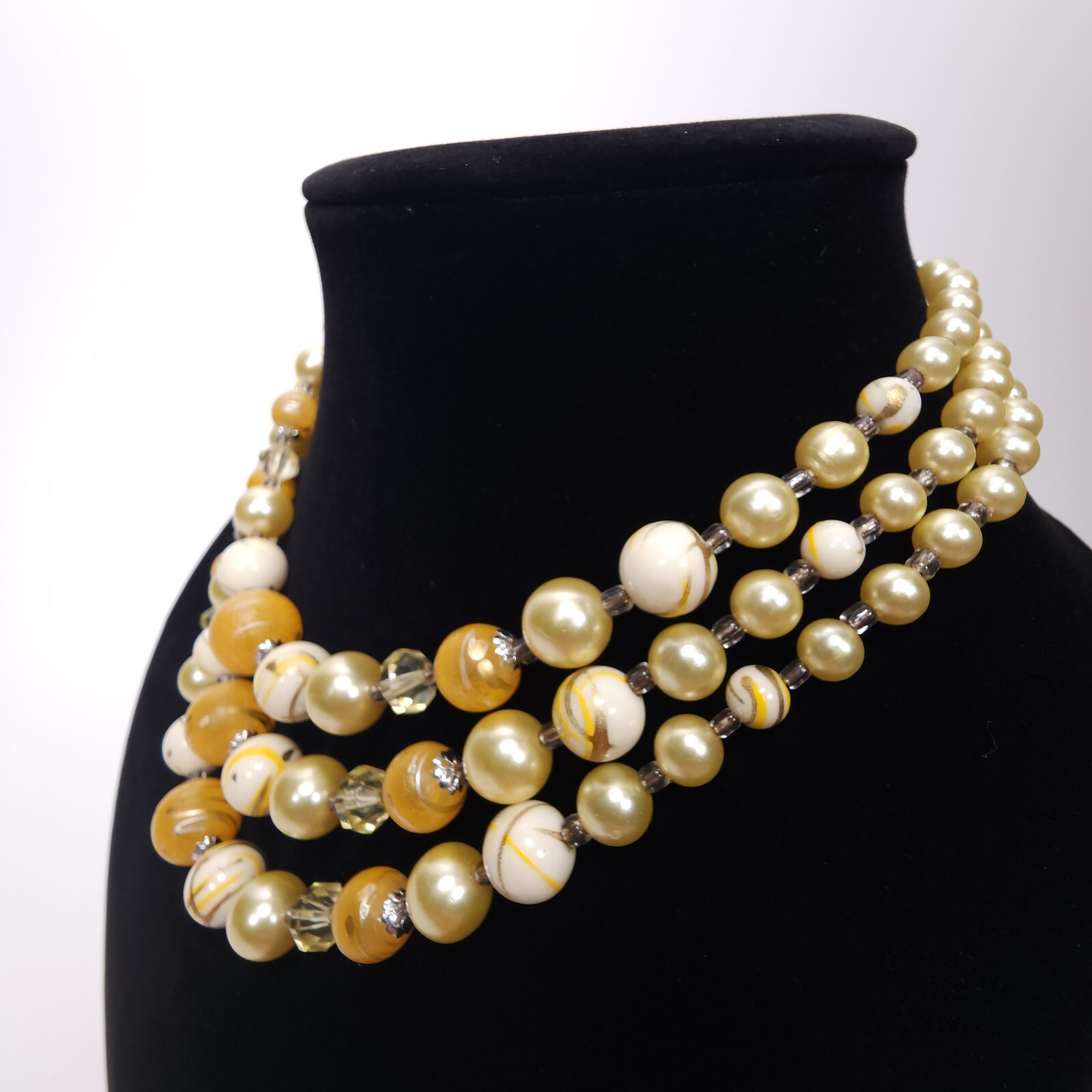 Vintage Beaded Necklace Japan Orange Cream Champagne Swirl Multi Strand Collar