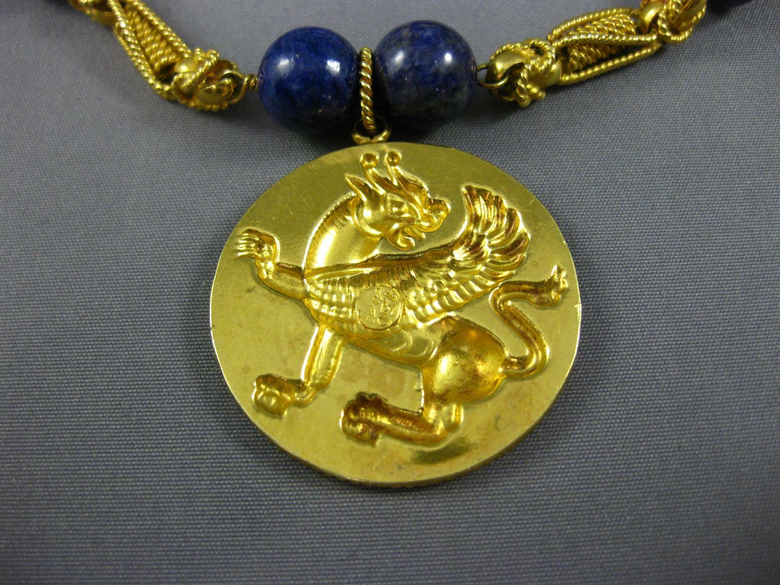 ESTATE LARGE AAA LAPIS 18KT YELLOW GOLD 3D CLASSIC FILIGREE DRAGON FUN NECKLACE
