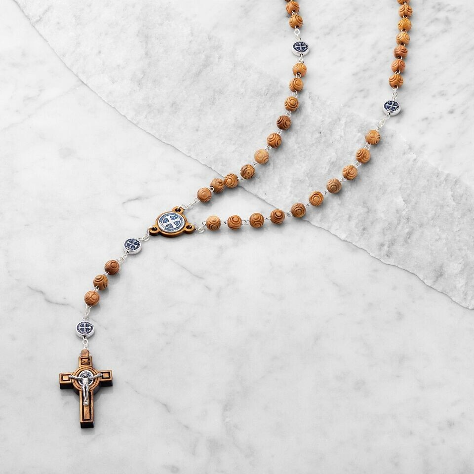 St Benedict Rosary Beads Catholic Olive Wood Medal Cross Blessed By Pope Vatican