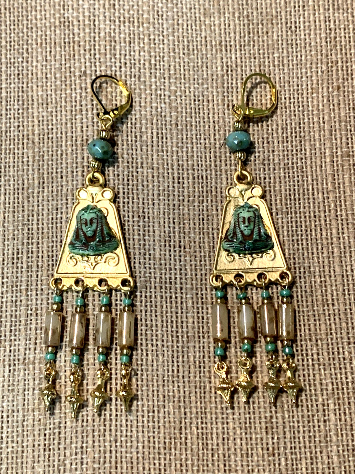 NEW ITEM*ARTISAN*EGYPT REVIVAL CZECH NEIGER GLASS PHARAOH CHANDELIER EARRINGS.g